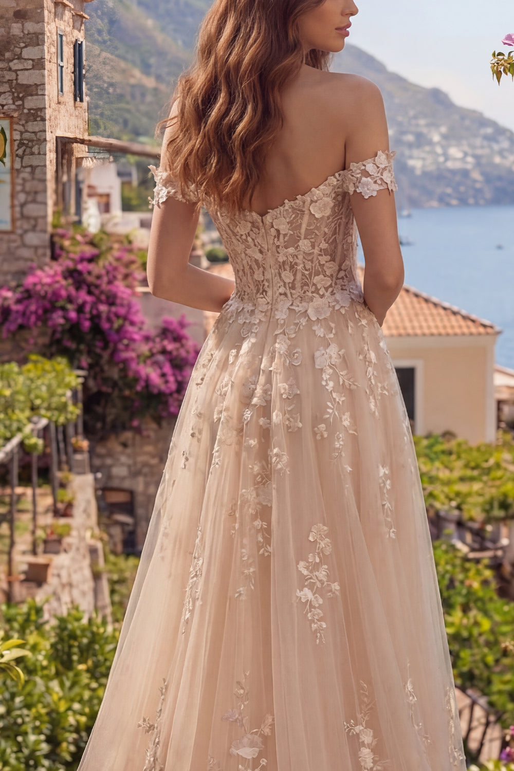 A Line Floral Corset Long Champagne Off the Shoulder Prom Dress