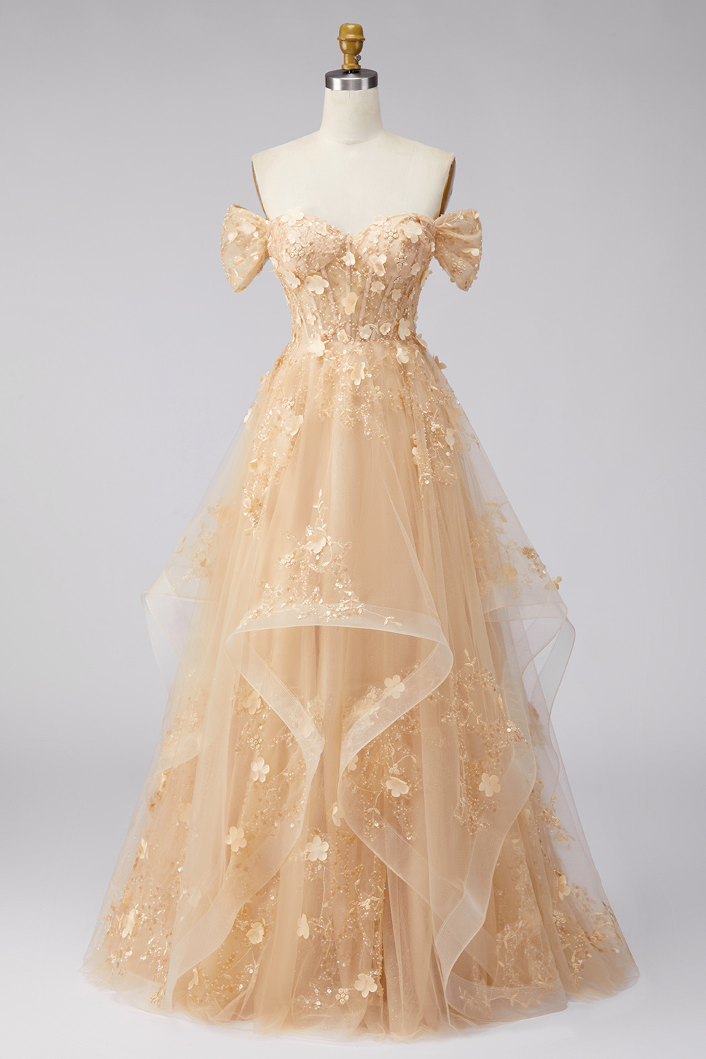 Champagne Corset Off the Shoulder A Line Floral Long Prom Dress with Ruffles
