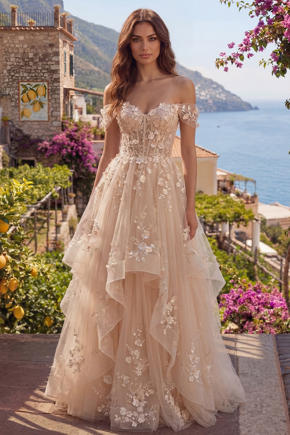 Champagne Corset Off the Shoulder A Line Floral Long Prom Dress with Ruffles