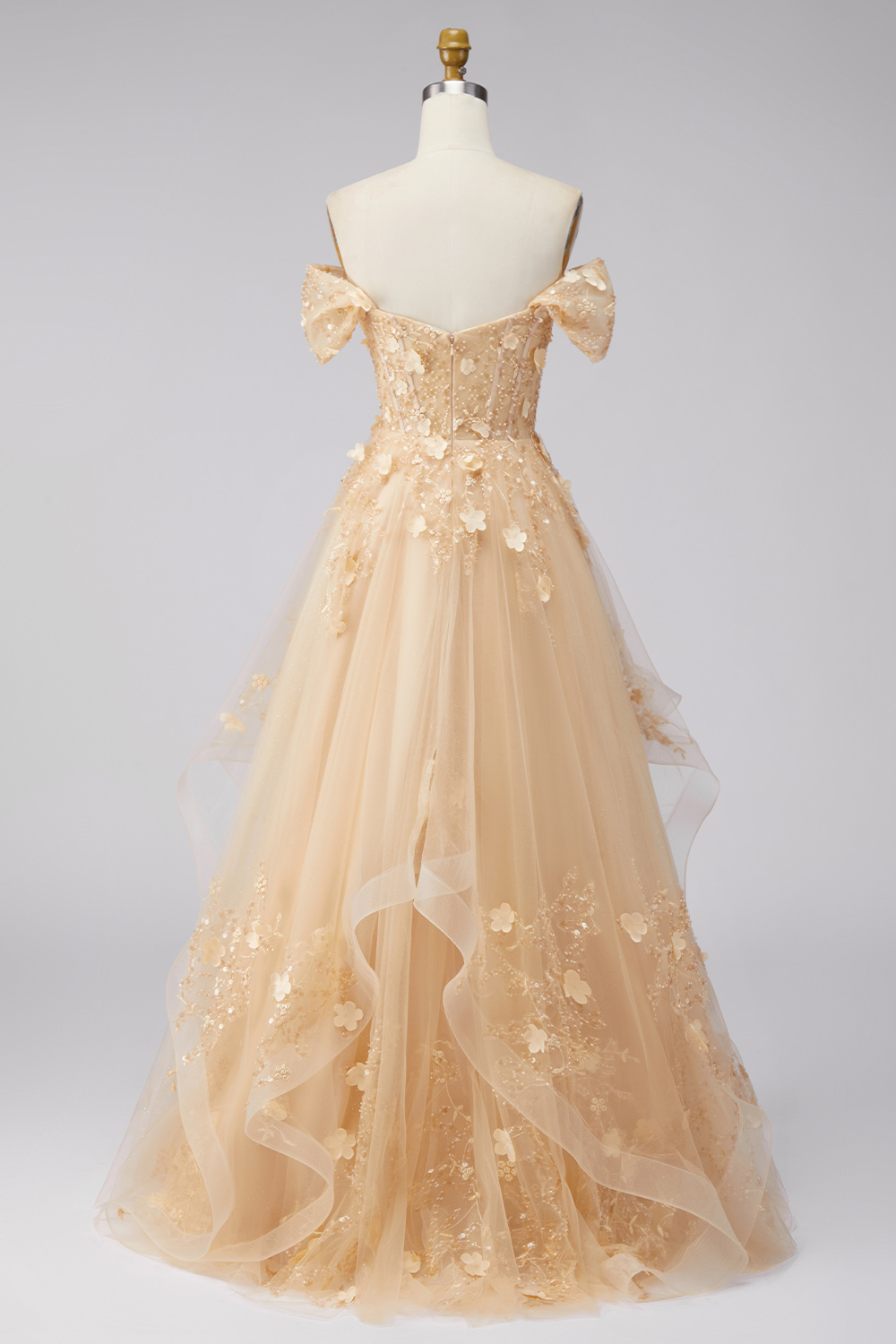 Champagne Corset Off the Shoulder A Line Floral Long Prom Dress with Ruffles