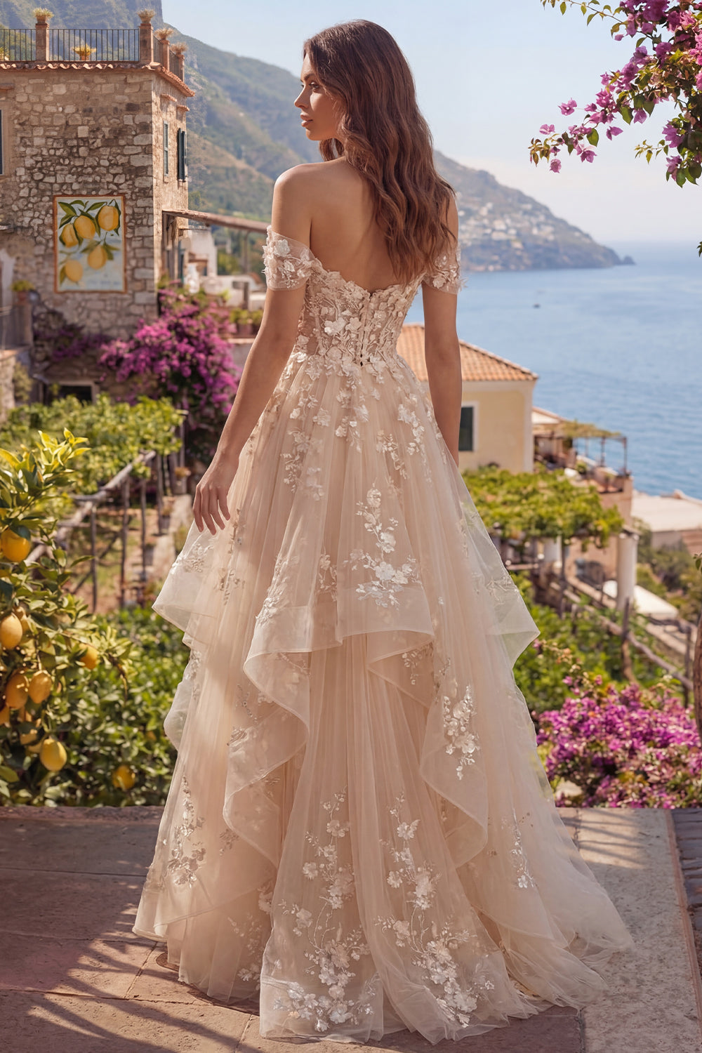 Champagne Corset Off the Shoulder A Line Floral Long Prom Dress with Ruffles