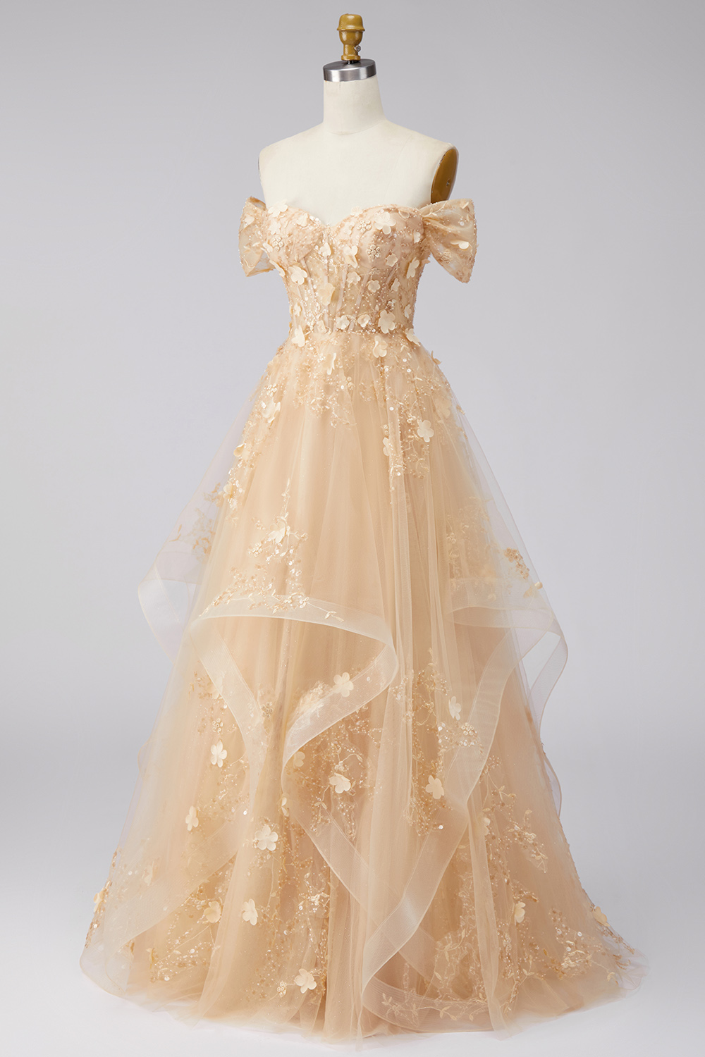 Champagne Corset Off the Shoulder A Line Floral Long Prom Dress with Ruffles