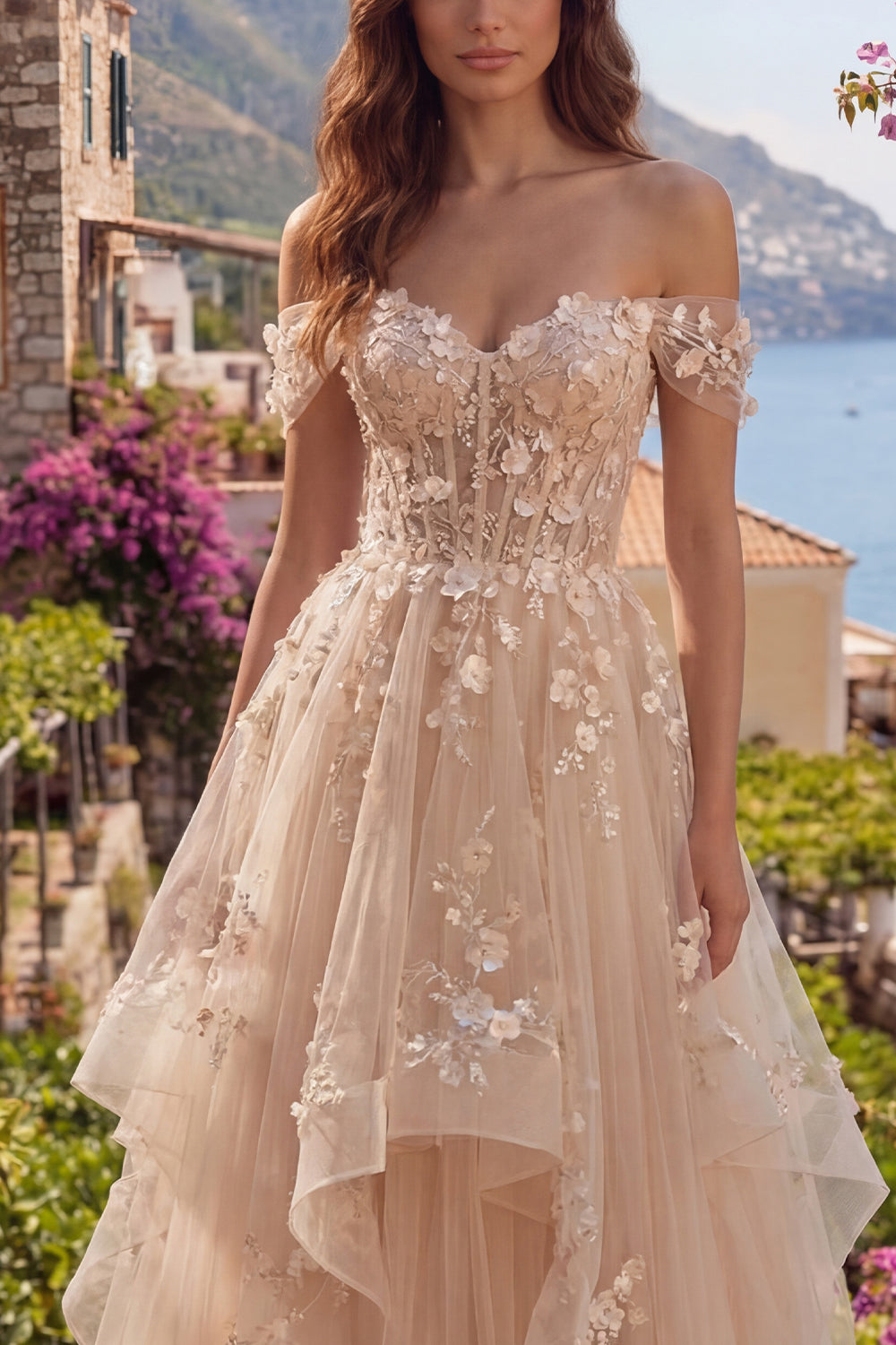 Champagne Corset Off the Shoulder A Line Floral Long Prom Dress with Ruffles