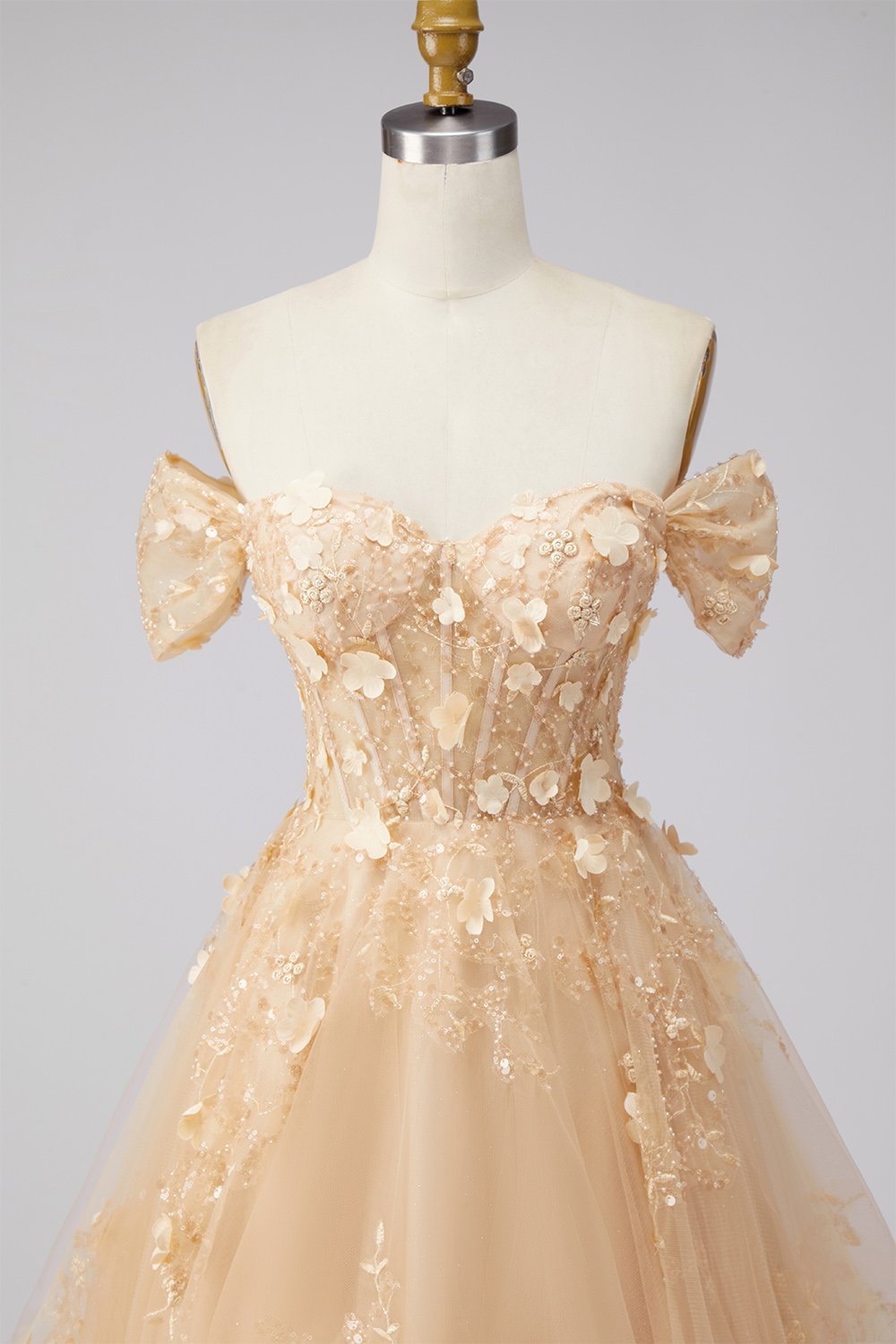Champagne Corset Off the Shoulder A Line Floral Long Prom Dress with Ruffles
