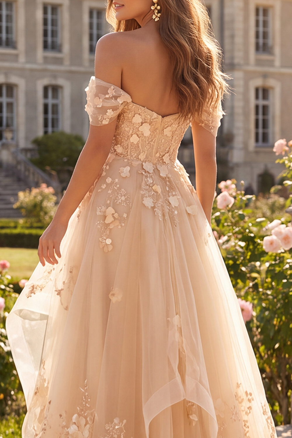 Champagne Corset Off the Shoulder A Line Floral Long Prom Dress with Ruffles