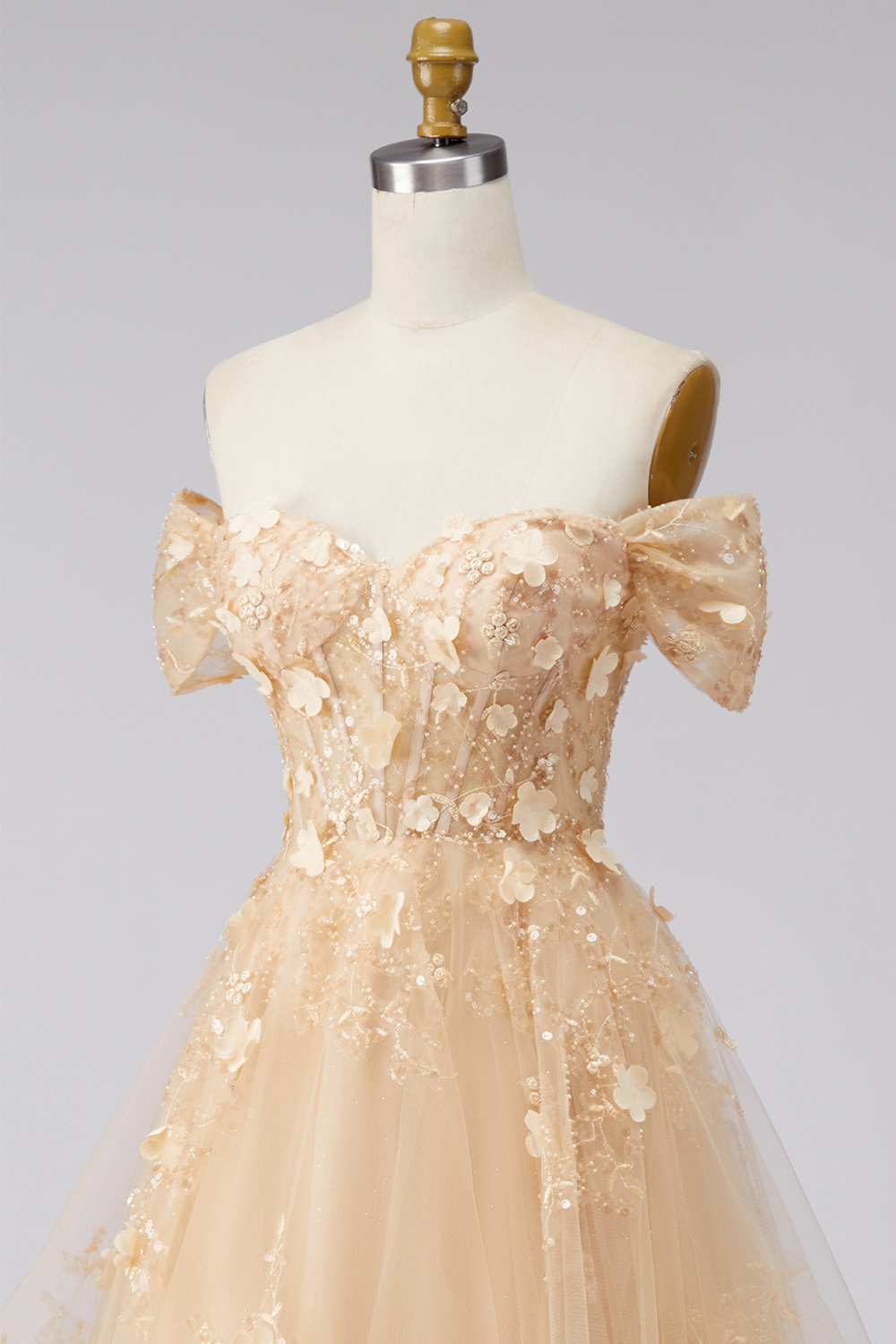 Champagne Corset Off the Shoulder A Line Floral Long Prom Dress with Ruffles