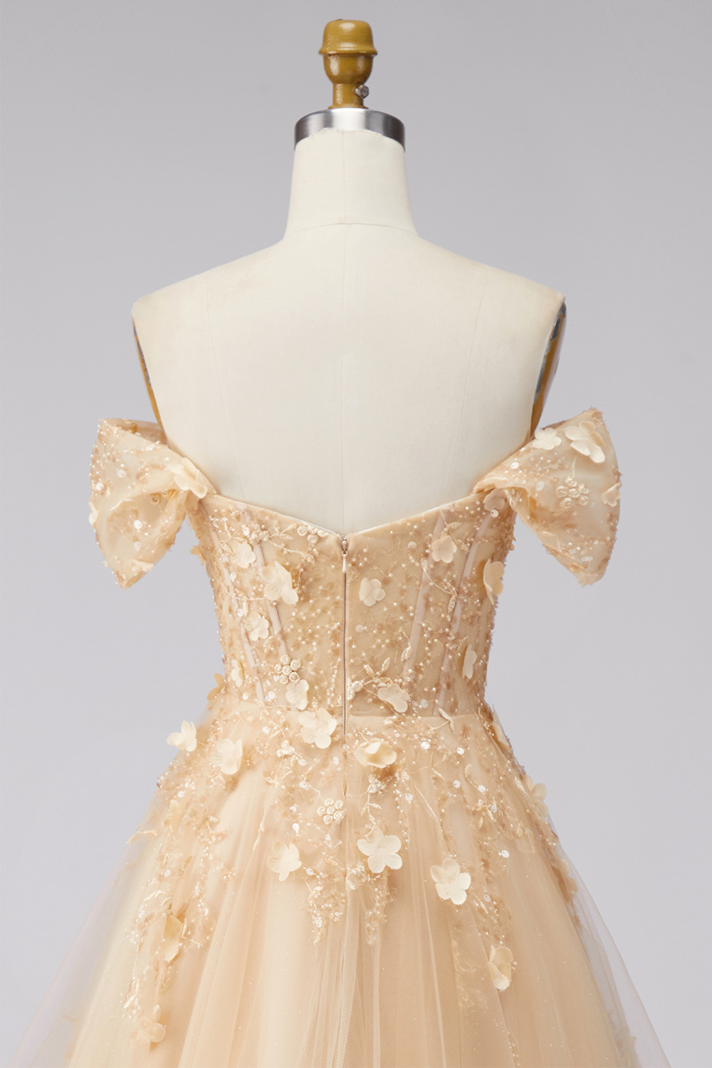 Champagne Corset Off the Shoulder A Line Floral Long Prom Dress with Ruffles