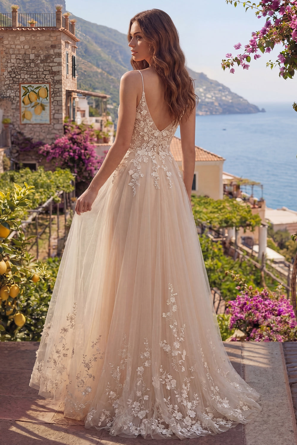 A Line Spaghetti Straps Champagne Floral Long Prom Dress