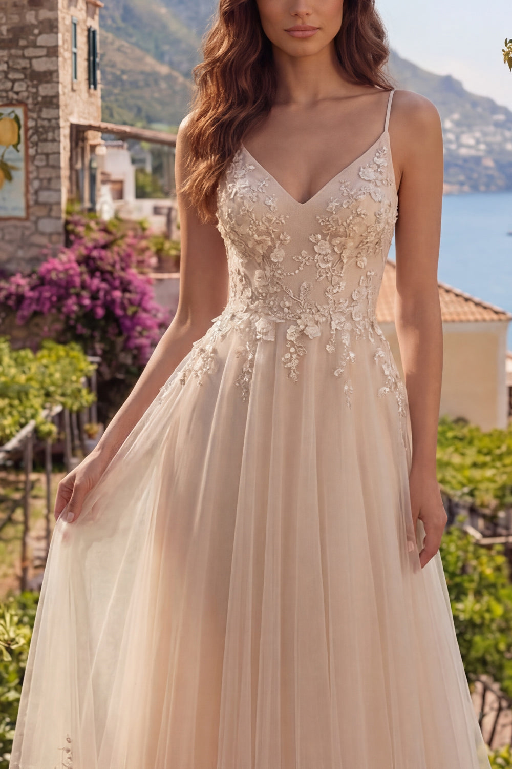A Line Spaghetti Straps Champagne Floral Long Prom Dress
