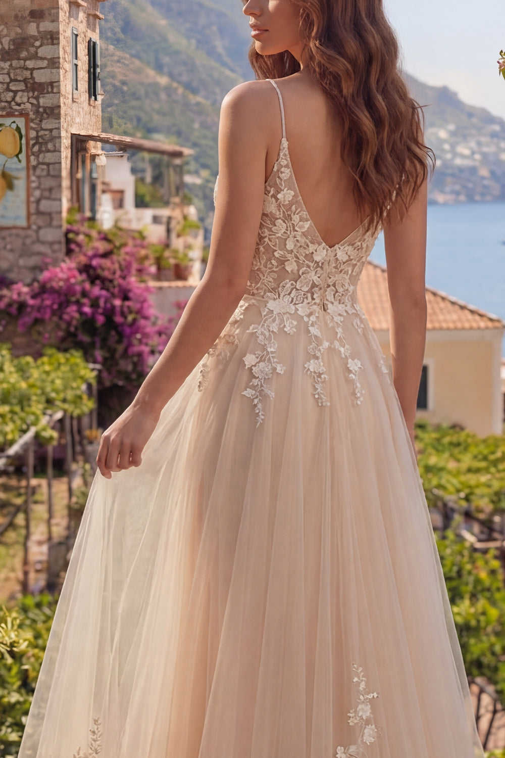 A Line Spaghetti Straps Champagne Floral Long Prom Dress