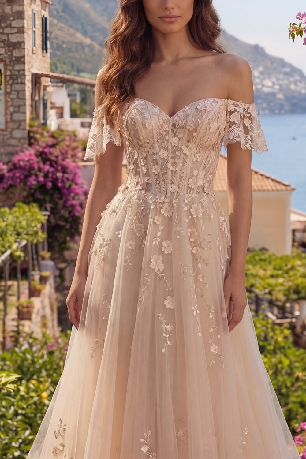 Long Champagne Corset Floral A Line Off the Shoulder Prom Dress
