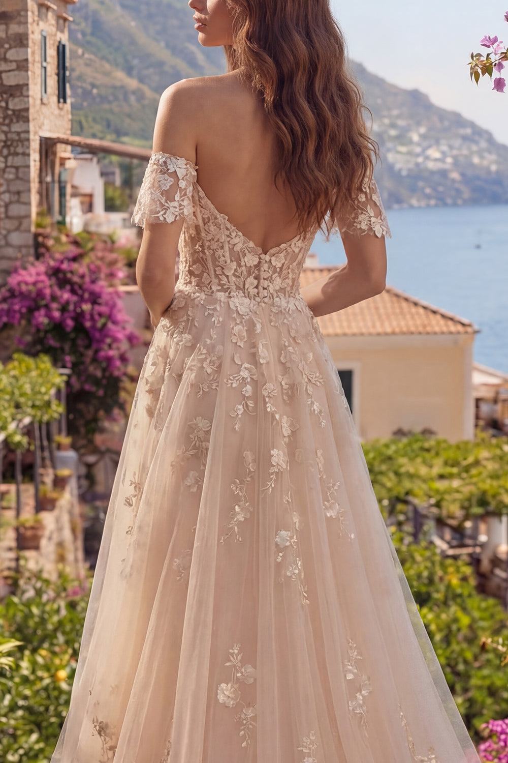 Long Champagne Corset Floral A Line Off the Shoulder Prom Dress