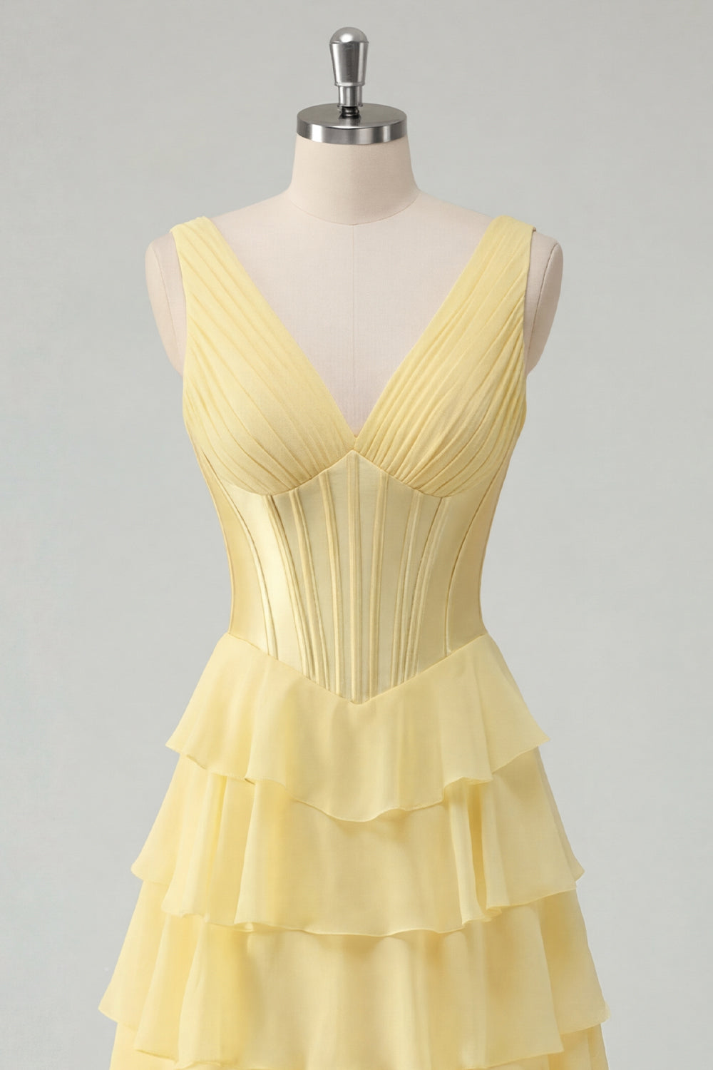 V-Neck A Line Butter Yellow Ruffled Corset Prom Dress with Slit