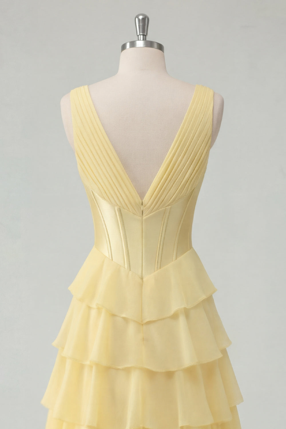 V-Neck A Line Butter Yellow Ruffled Corset Prom Dress with Slit