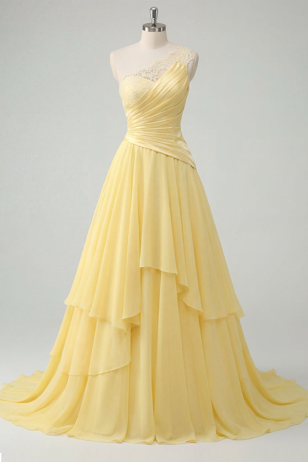 Ruffled One Shoulder Ruched A Line Butter Yellow Prom Dress with Lace