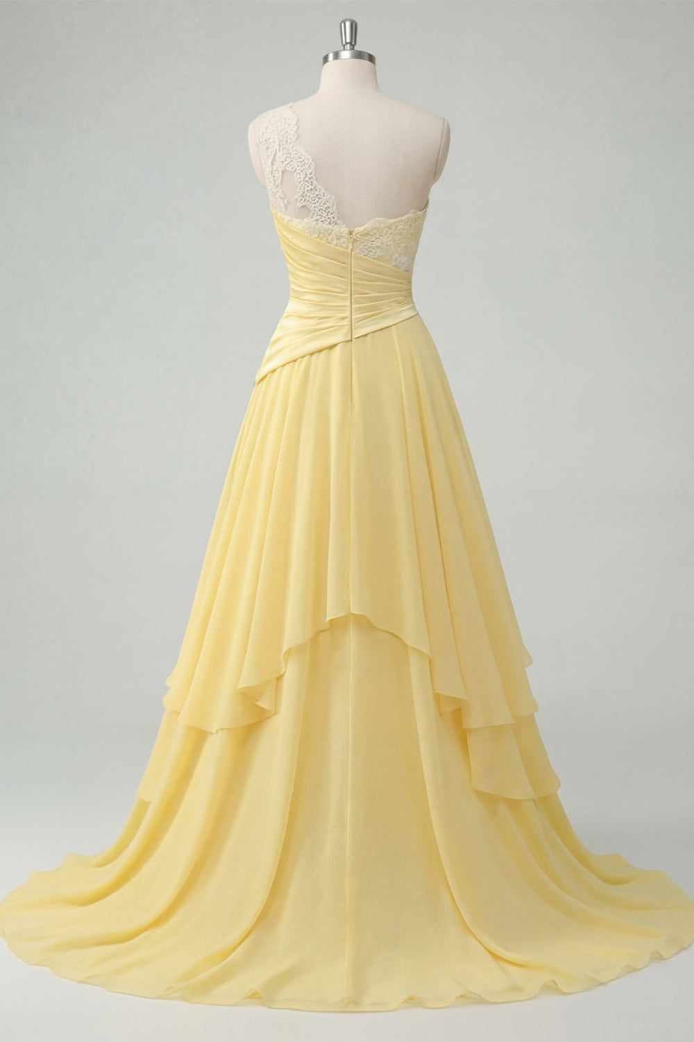 Ruffled One Shoulder Ruched A Line Butter Yellow Prom Dress with Lace