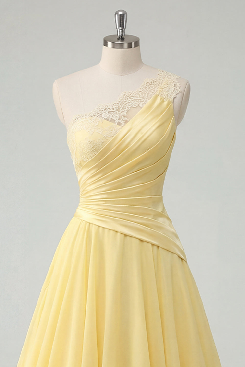 Ruffled One Shoulder Ruched A Line Butter Yellow Prom Dress with Lace