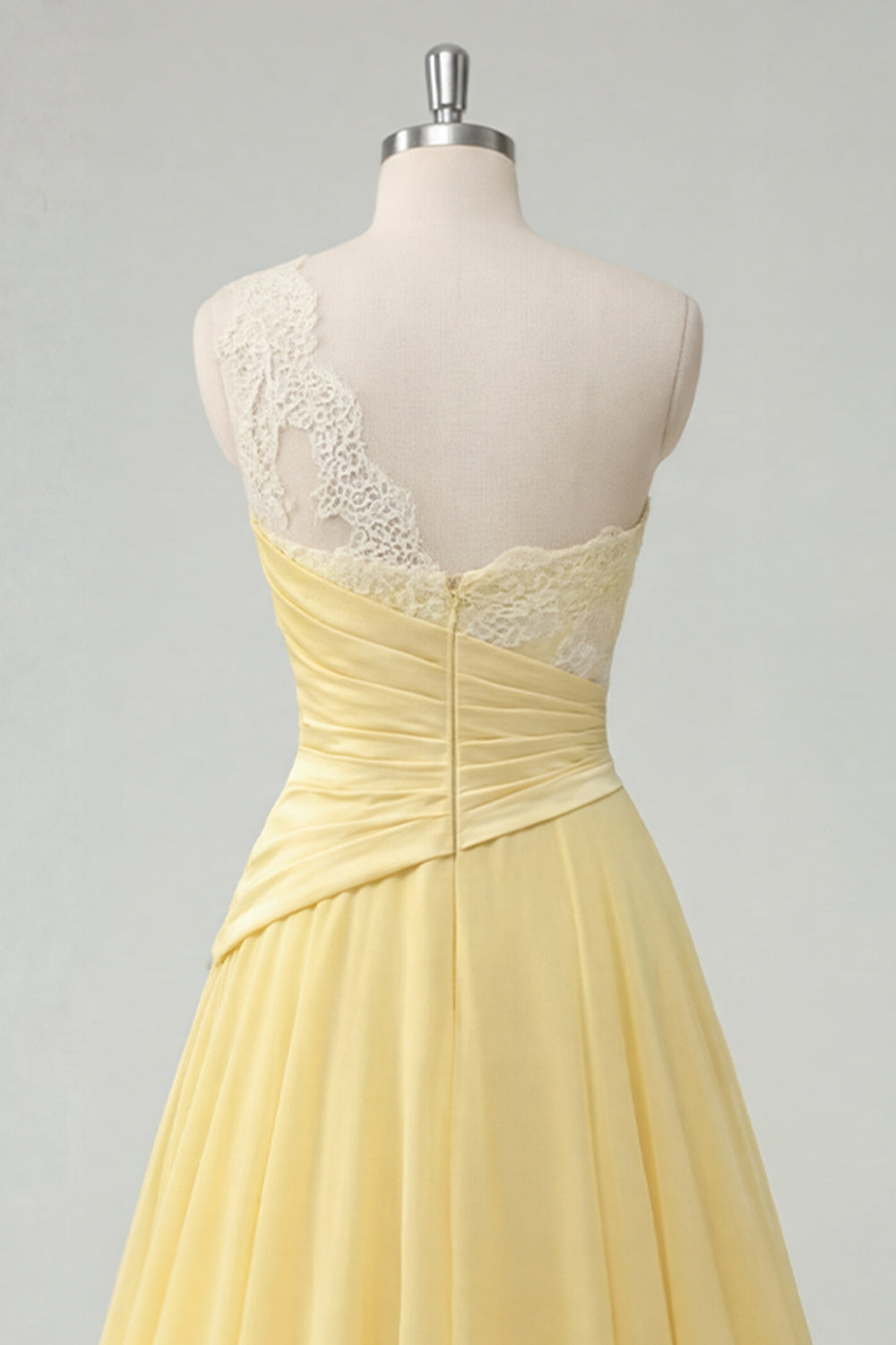 Ruffled One Shoulder Ruched A Line Butter Yellow Prom Dress with Lace