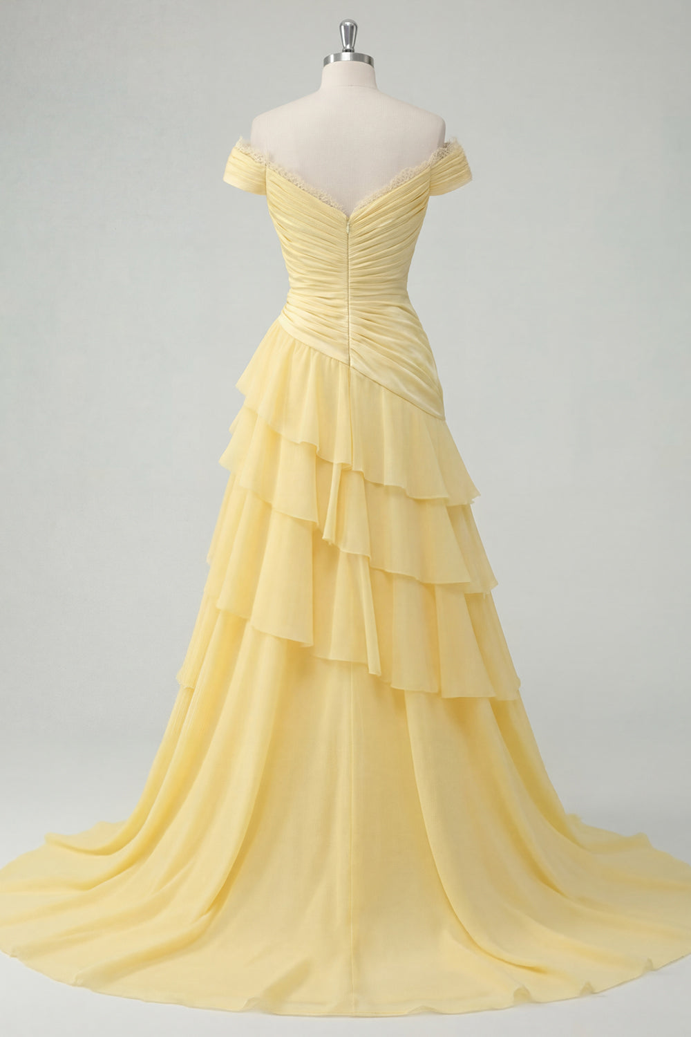 Off the Shoulder Butter Yellow Ruffled A Line Prom Dress with Slit