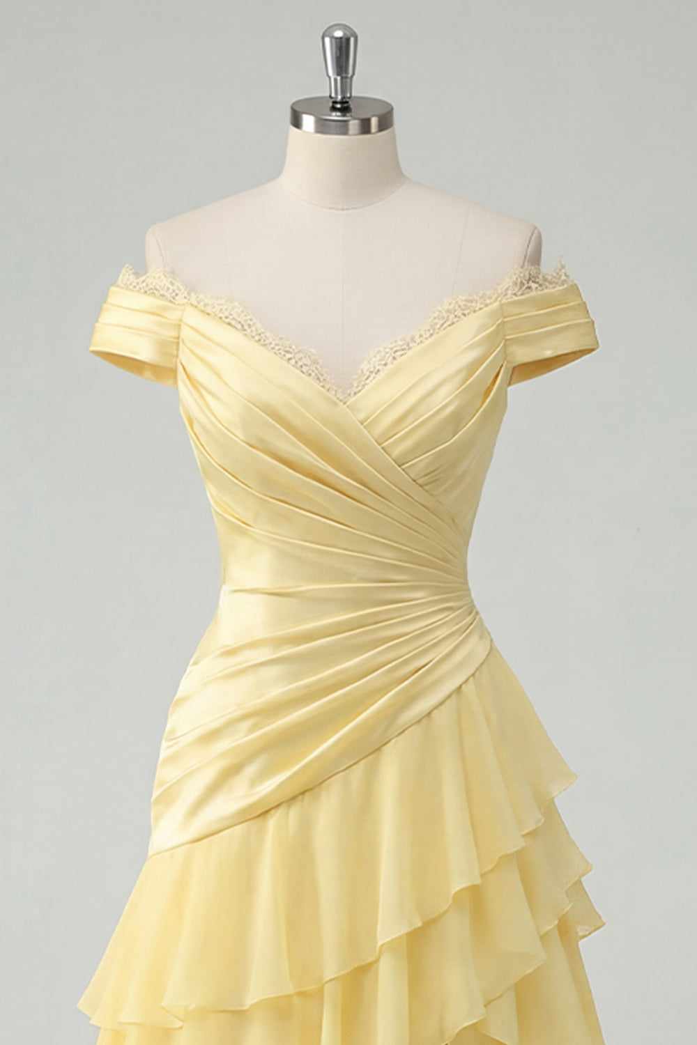 Off the Shoulder Butter Yellow Ruffled A Line Prom Dress with Slit