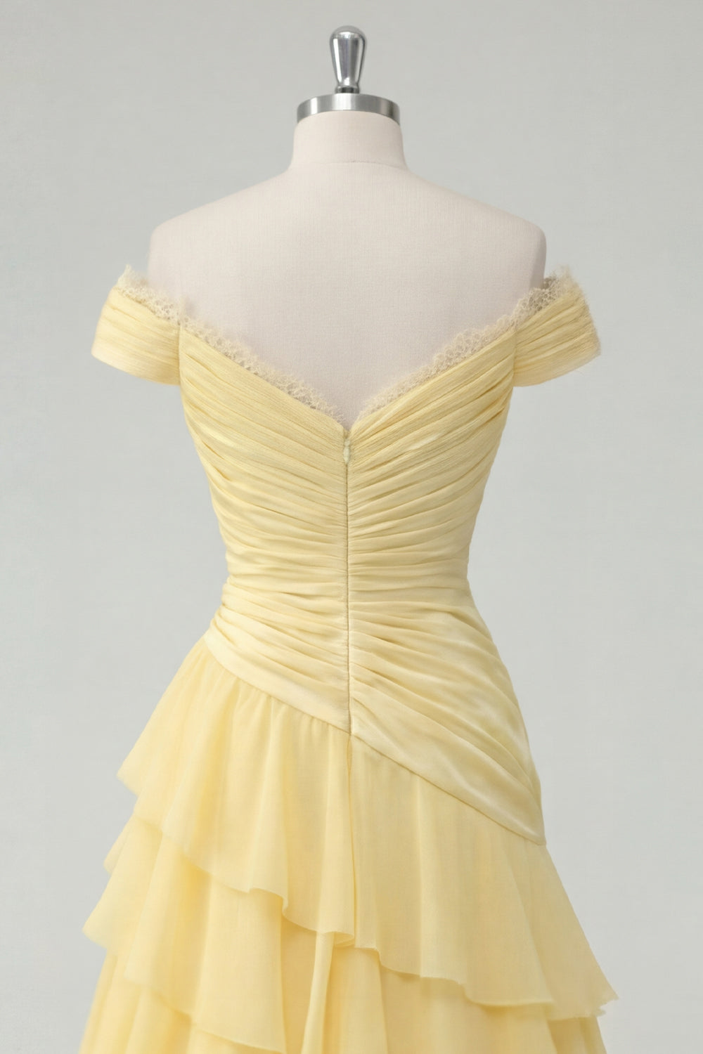 Off the Shoulder Butter Yellow Ruffled A Line Prom Dress with Slit