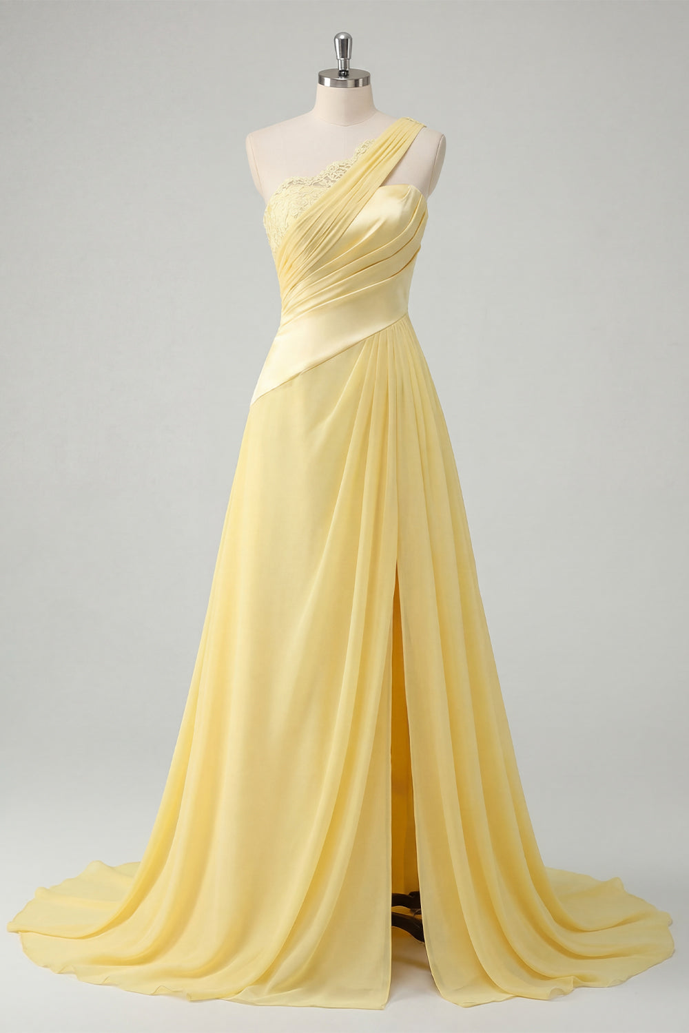 Ruched A Line One Shoulder Butter Yellow Long Prom Dress with Lace