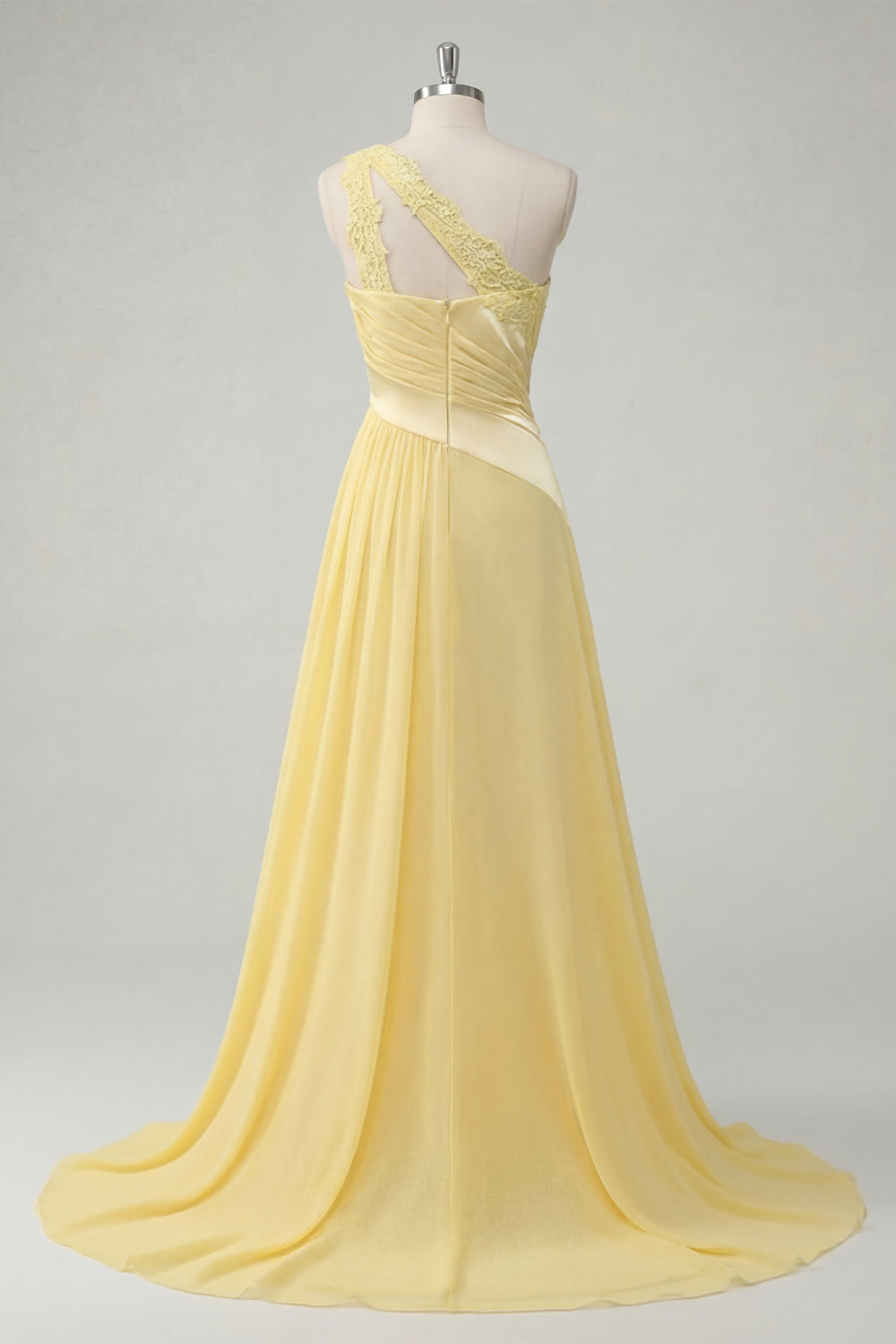 Ruched A Line One Shoulder Butter Yellow Long Prom Dress with Lace