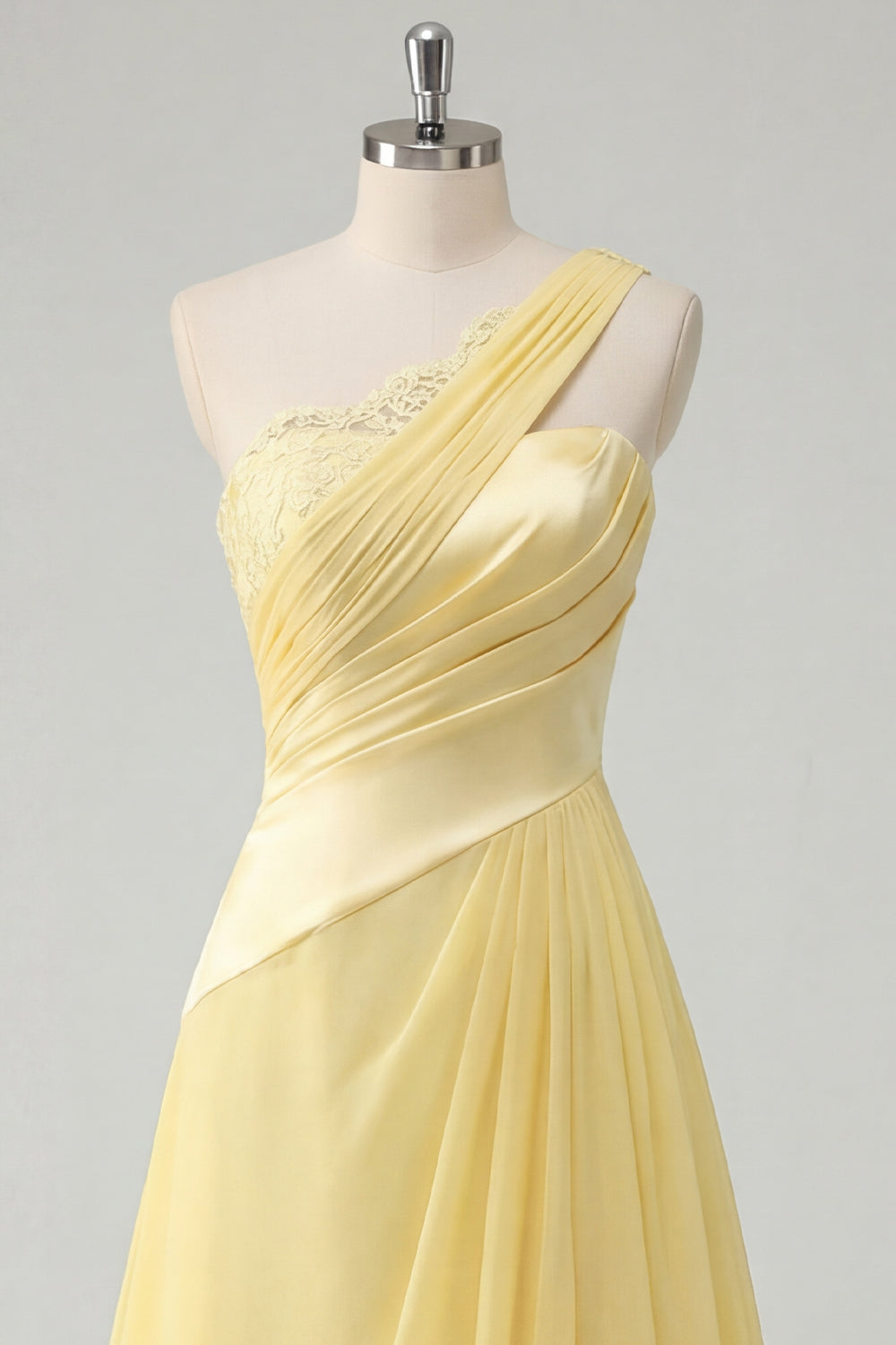 Ruched A Line One Shoulder Butter Yellow Long Prom Dress with Lace