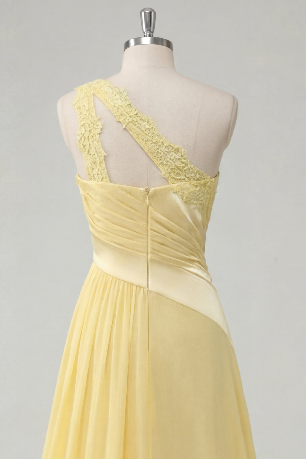 Ruched A Line One Shoulder Butter Yellow Long Prom Dress with Lace