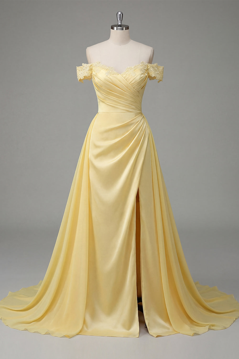 Butter Yellow A Line Ruched Off the Shoulder Prom Dress with Cape