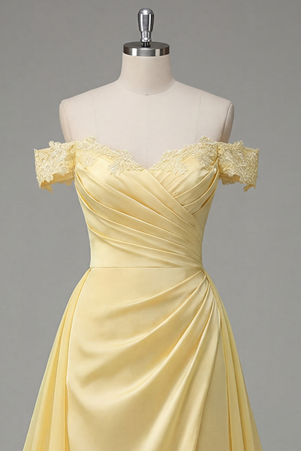 Butter Yellow A Line Ruched Off the Shoulder Prom Dress with Cape