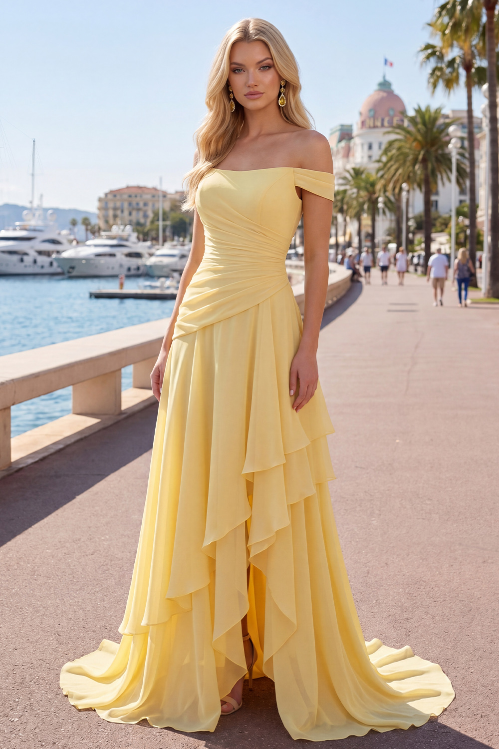 Off the Shoulder Ruched A Line Butter Yellow Ruffled Prom Dress with Slit