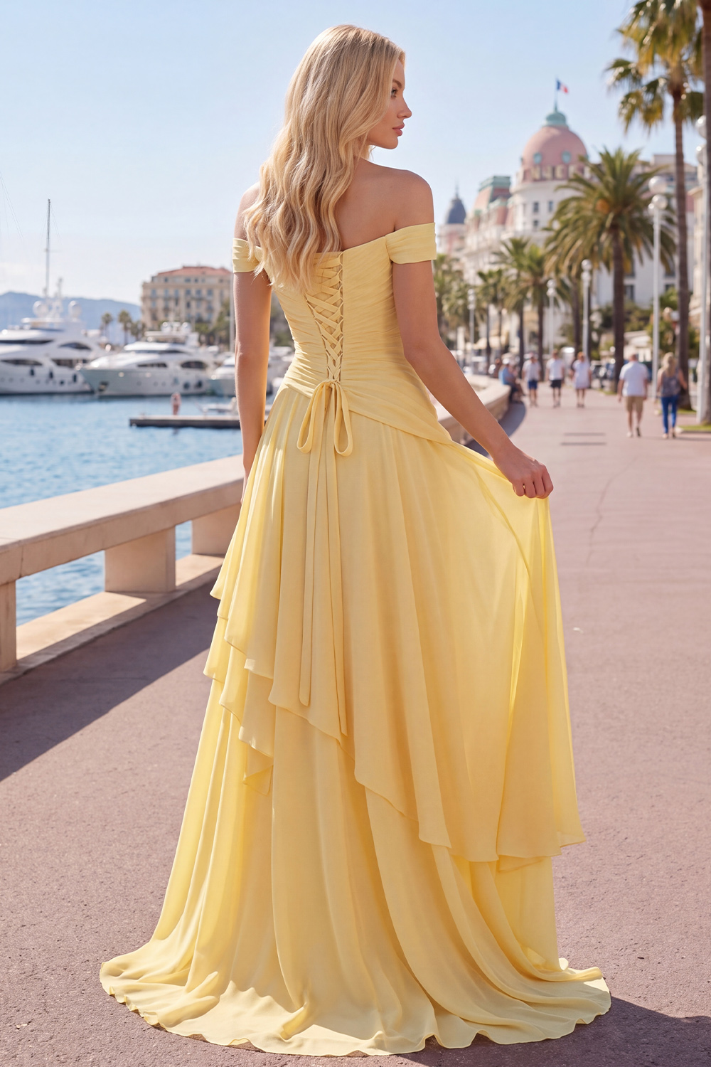 Off the Shoulder Ruched A Line Butter Yellow Ruffled Prom Dress with Slit