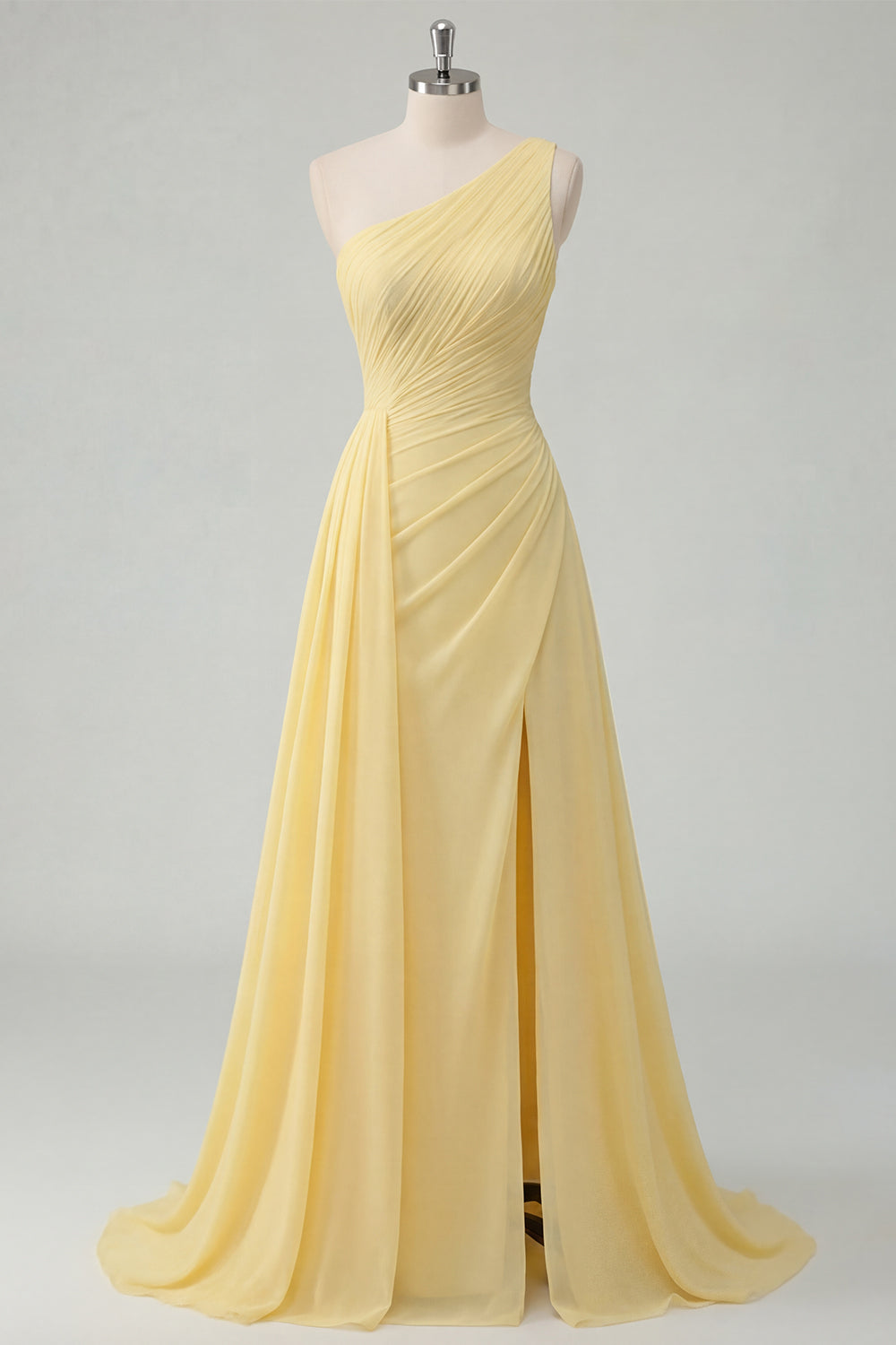 Ruched A Line One Shoulder Butter Yellow Prom Dress with Side Cape
