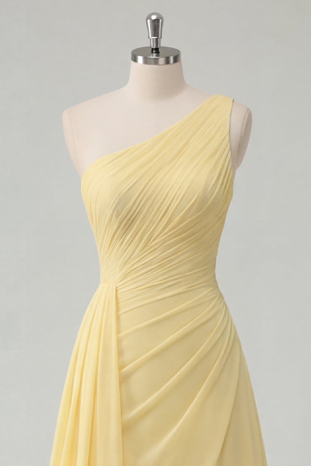 Ruched A Line One Shoulder Butter Yellow Prom Dress with Side Cape