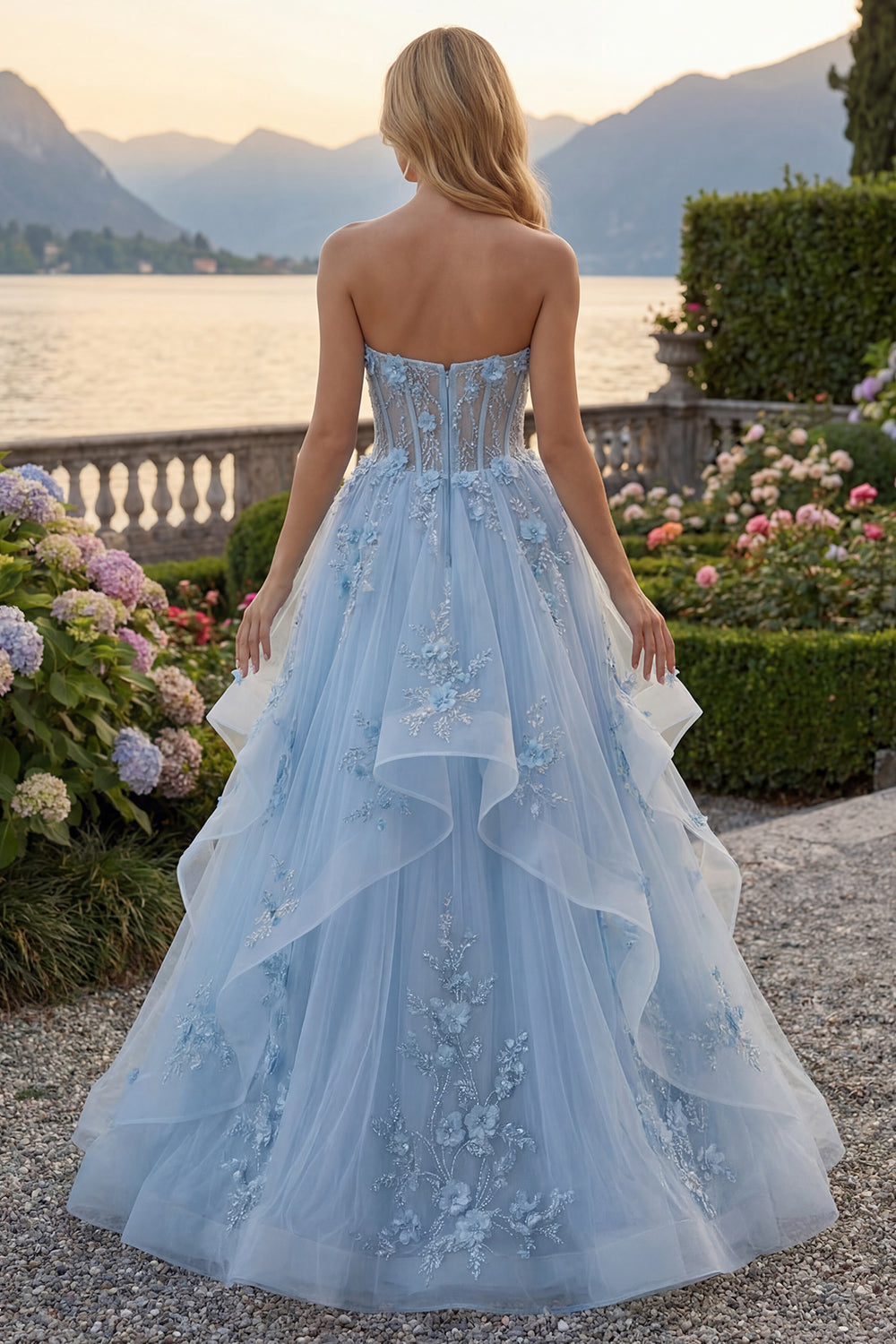 Long Sparkly Blue Strapless Corset Beaded A Line Floral Prom Dress with Ruffles