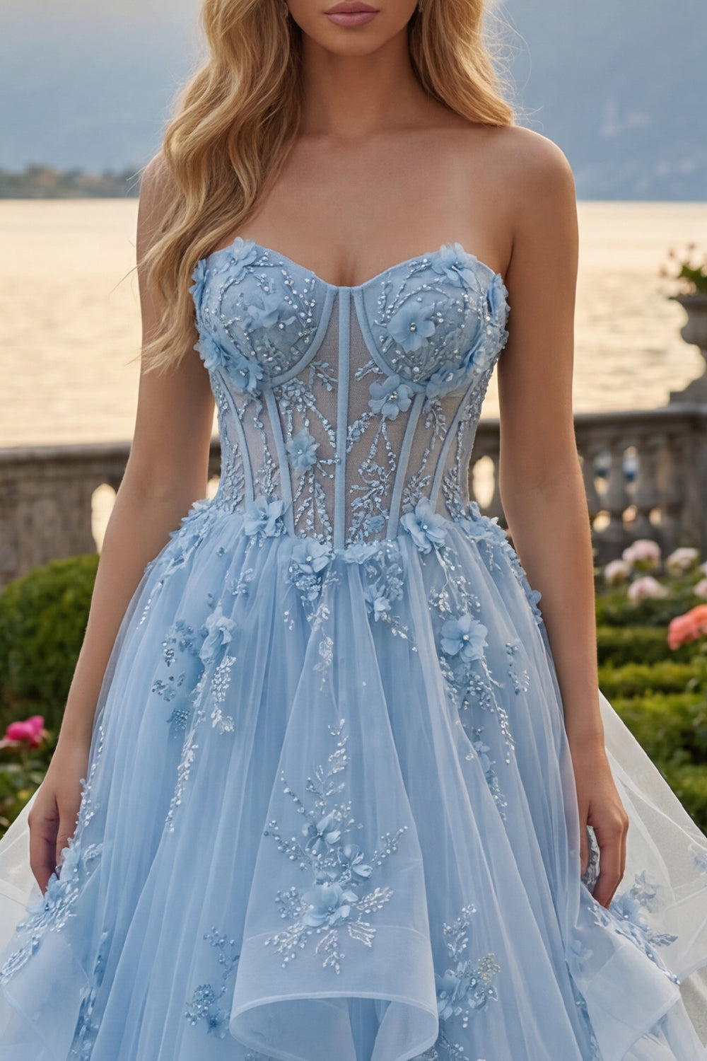 Long Sparkly Blue Strapless Corset Beaded A Line Floral Prom Dress with Ruffles