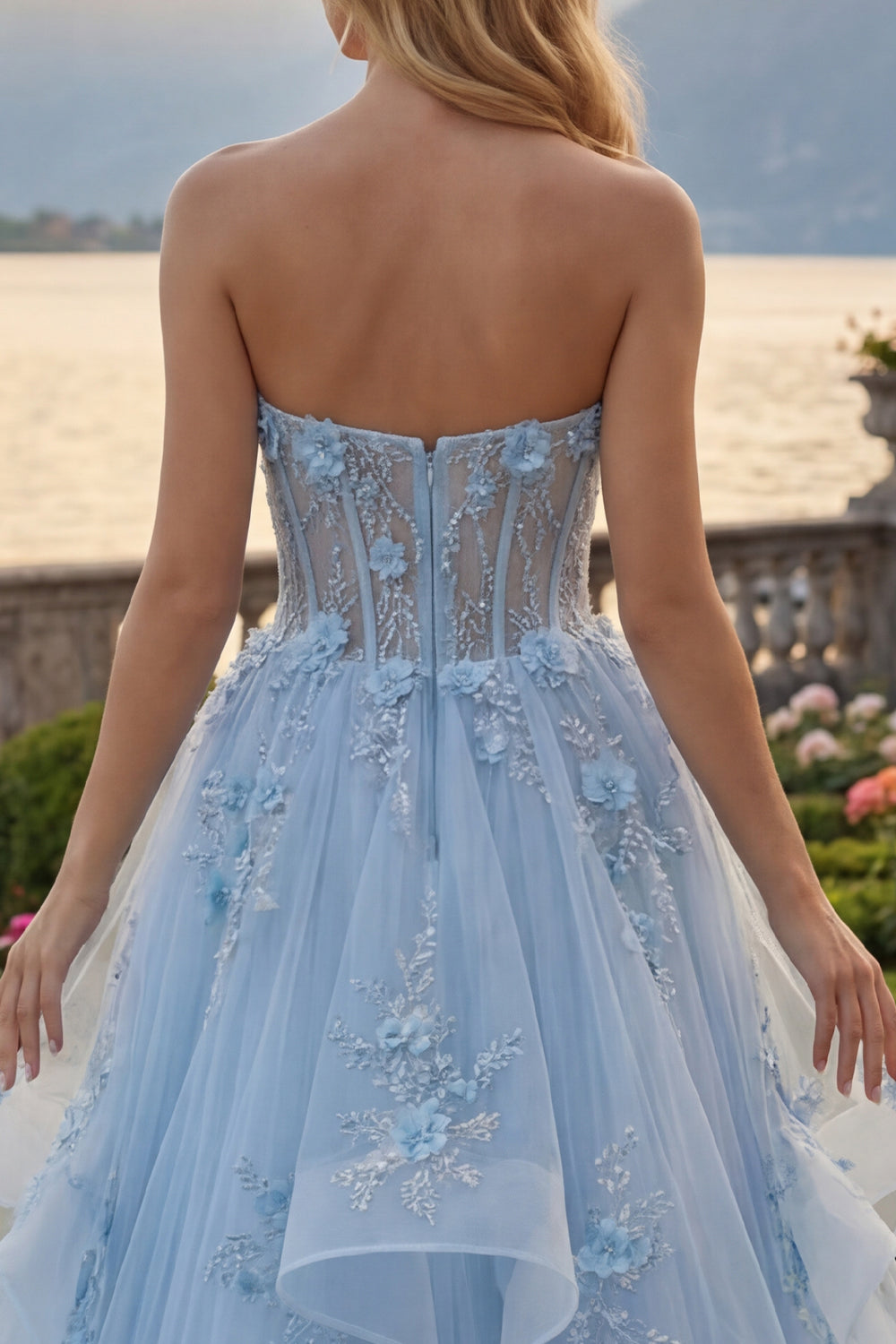Long Sparkly Blue Strapless Corset Beaded A Line Floral Prom Dress with Ruffles