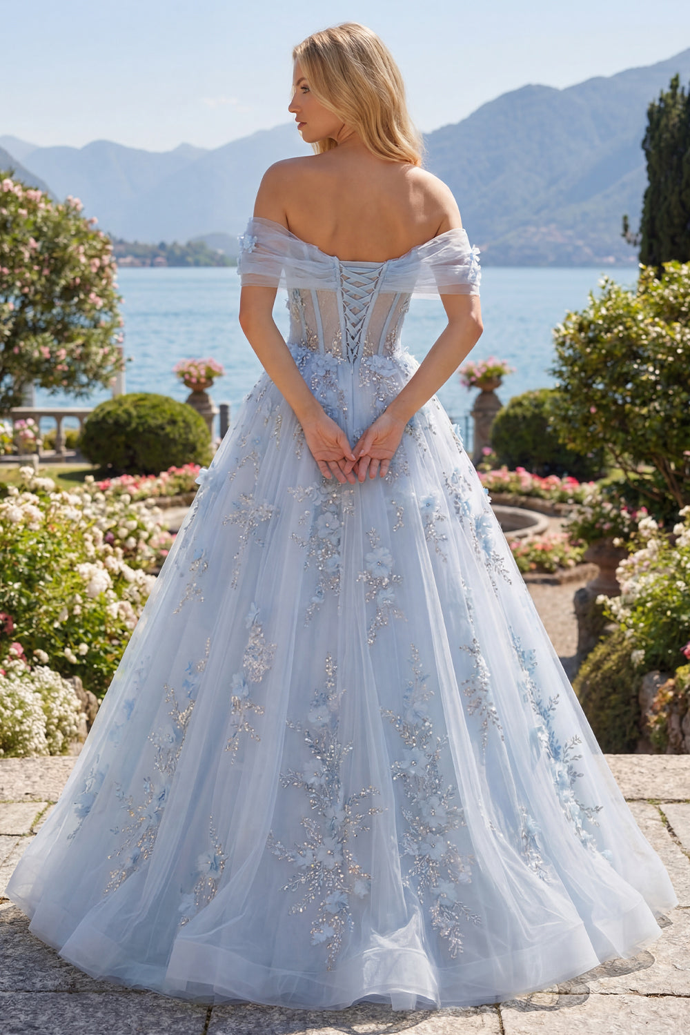 Sparkly Blue Off the Shoulder Corset A Line Long Floral Beaded Prom Dress