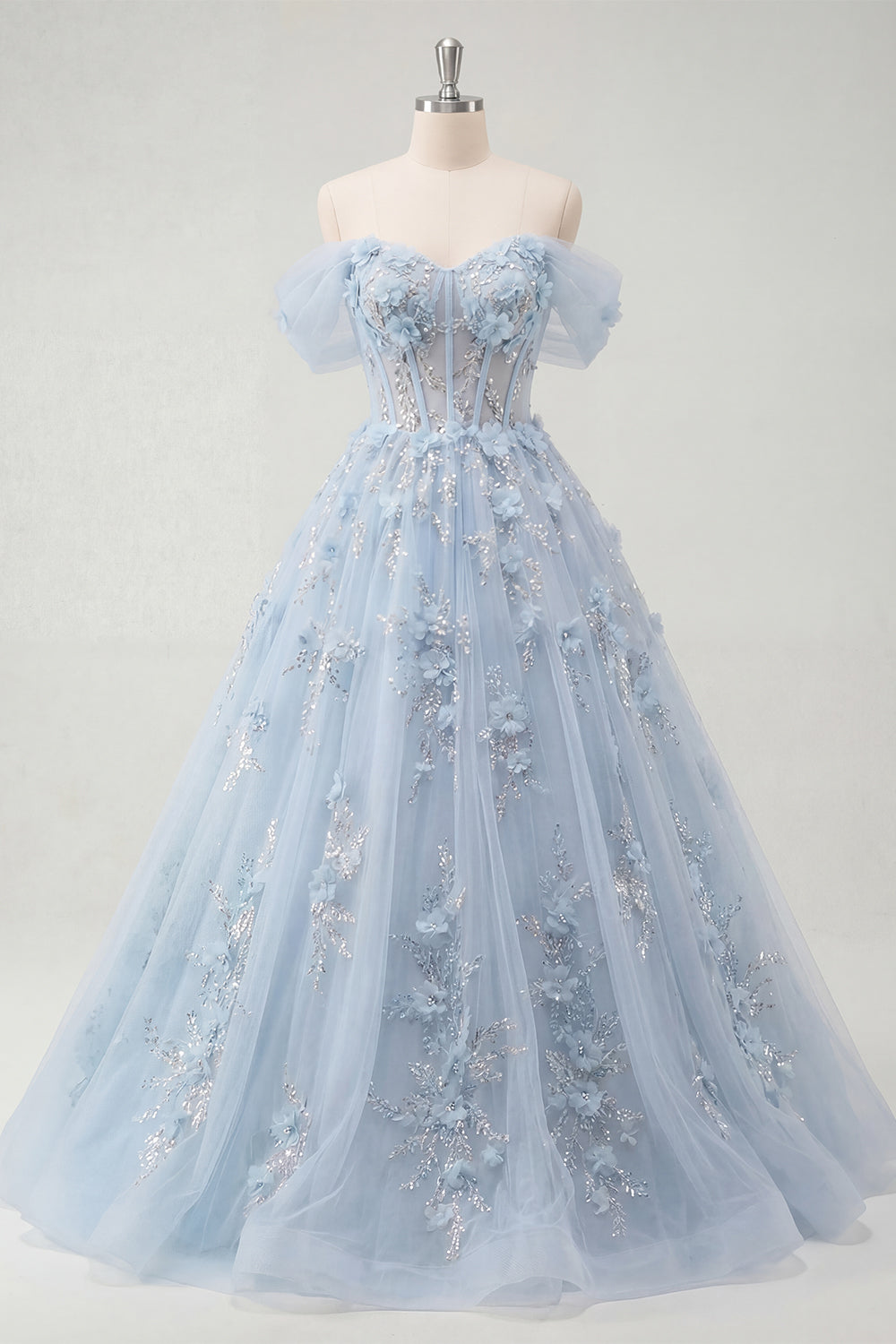 Sparkly Blue Off the Shoulder Corset A Line Long Floral Beaded Prom Dress