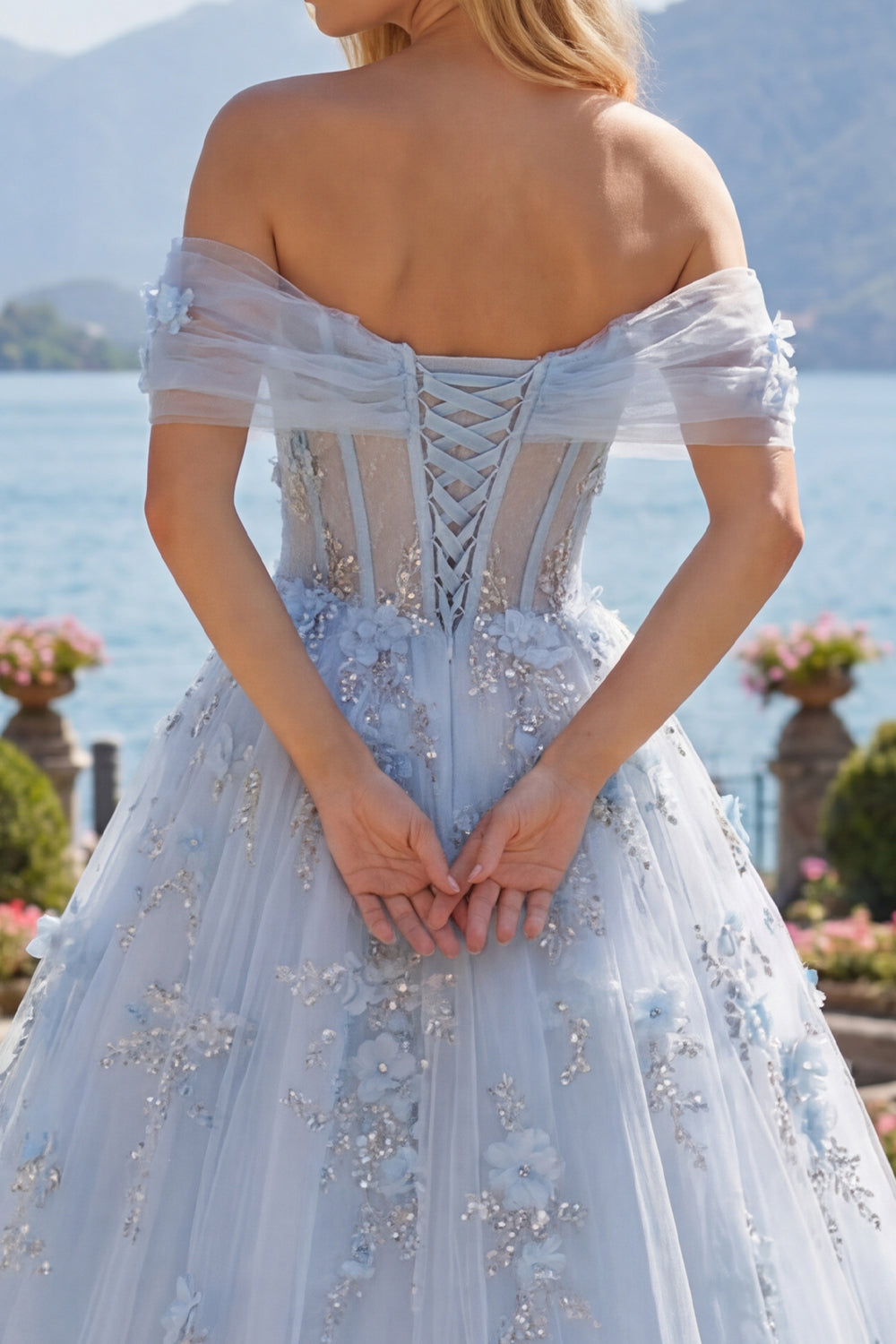 Sparkly Blue Off the Shoulder Corset A Line Long Floral Beaded Prom Dress