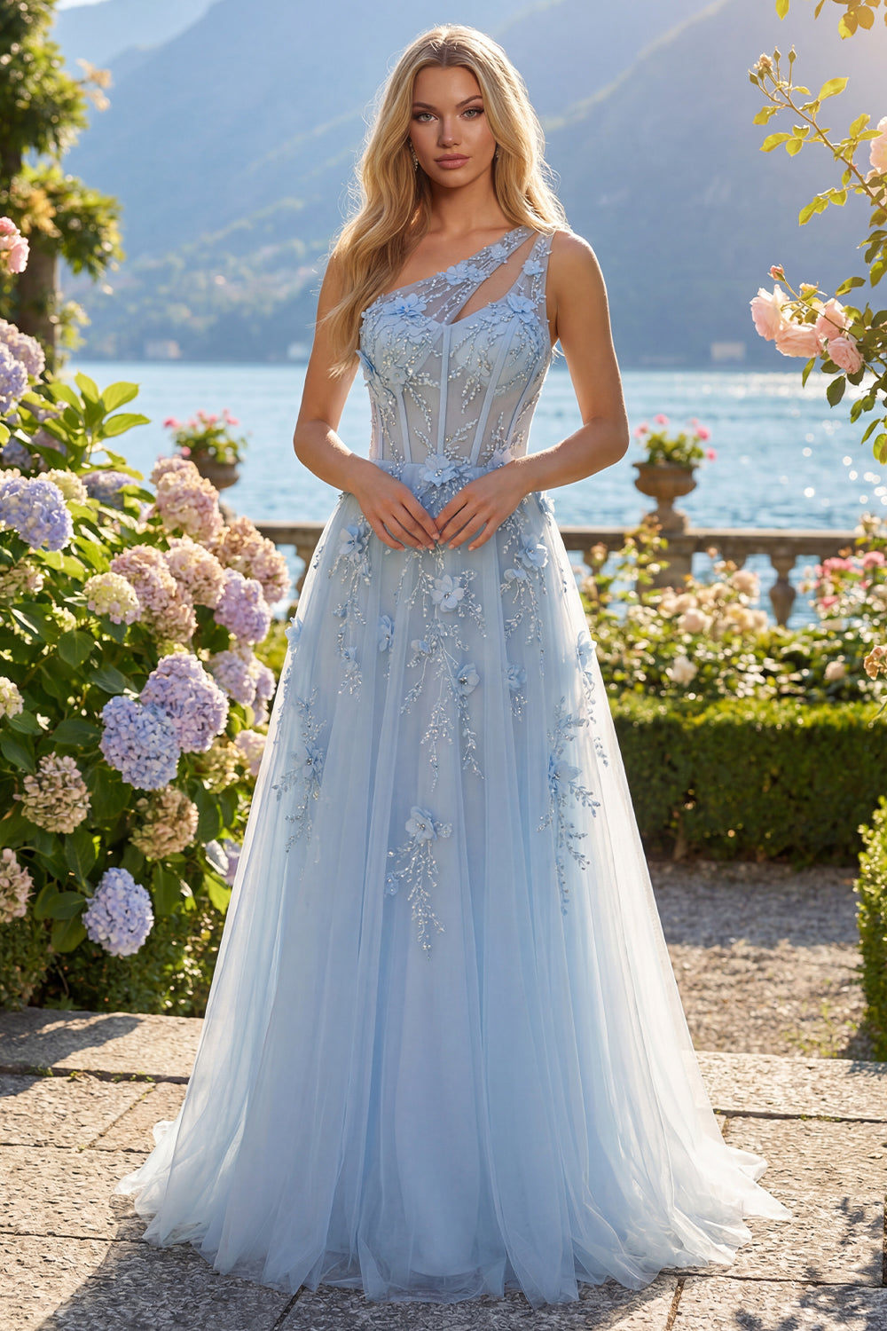 Sparkly Blue Corset One Shoulder A Line Long Floral Beaded Prom Dress