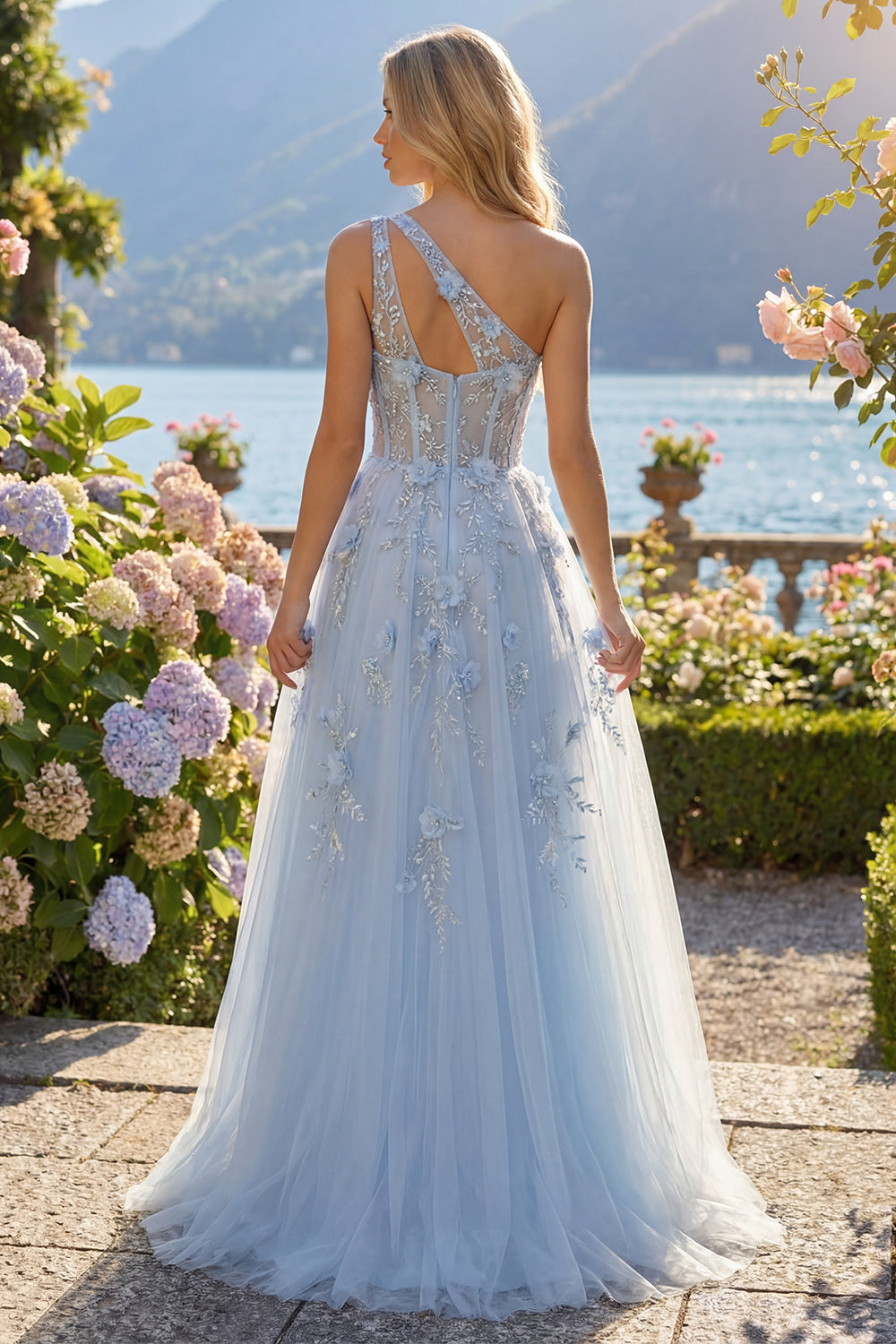 Sparkly Blue Corset One Shoulder A Line Long Floral Beaded Prom Dress