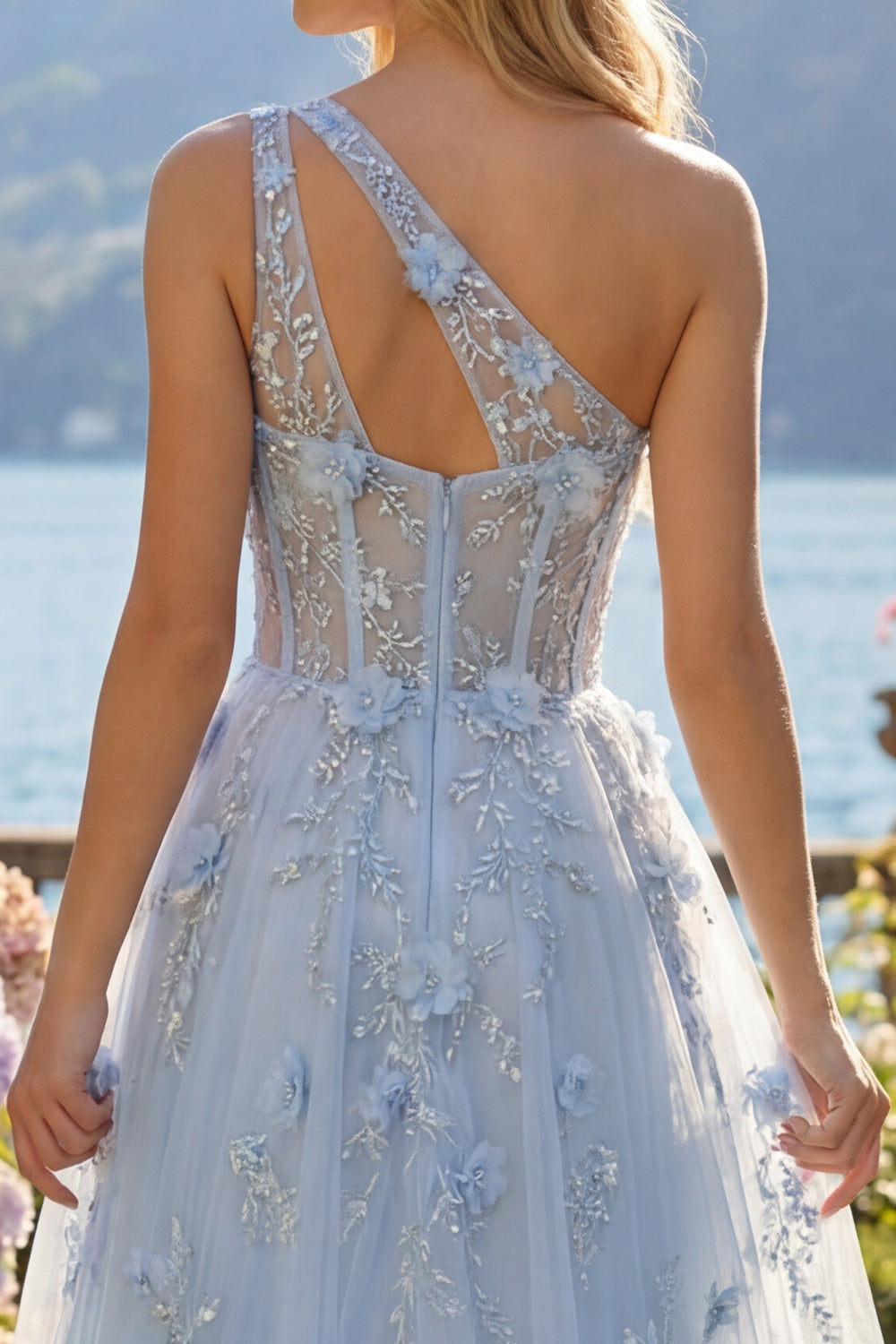 Sparkly Blue Corset One Shoulder A Line Long Floral Beaded Prom Dress