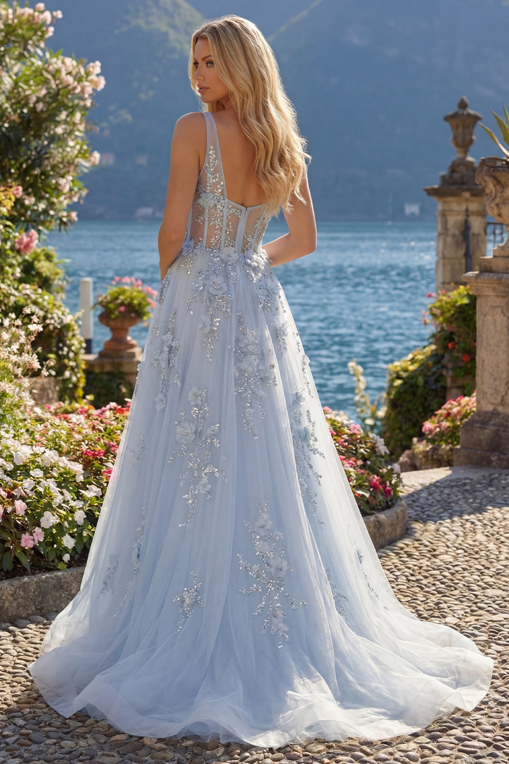 Sparkly V-Neck A Line Long Blue Corset Floral Beaded Prom Dress with Slit