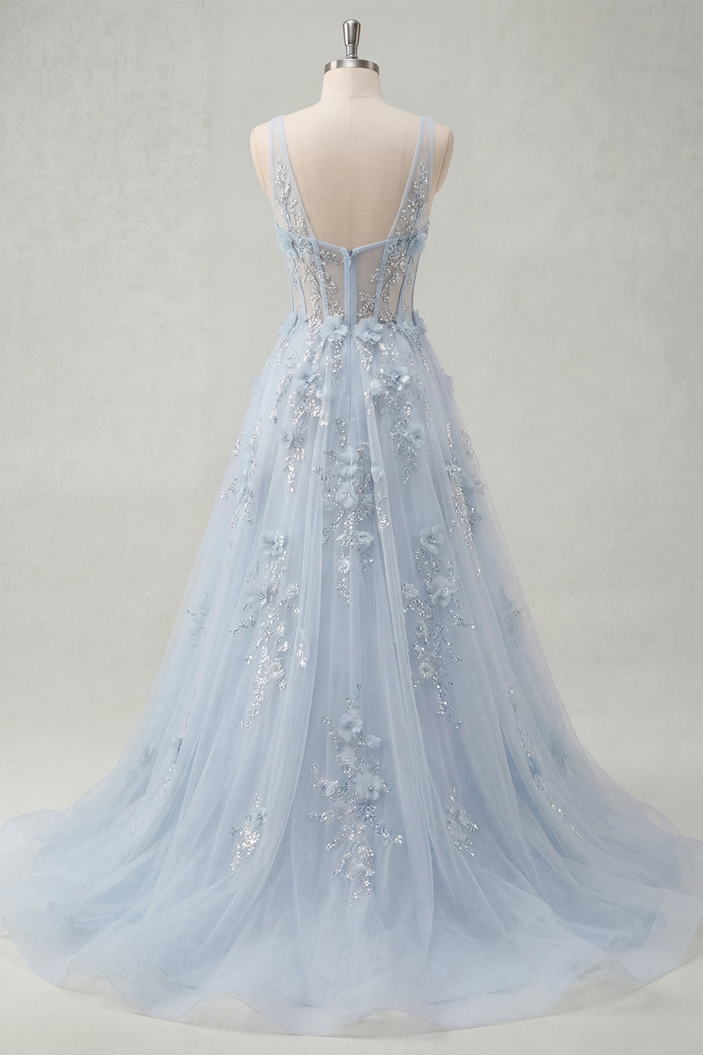 Sparkly V-Neck A Line Long Blue Corset Floral Beaded Prom Dress with Slit