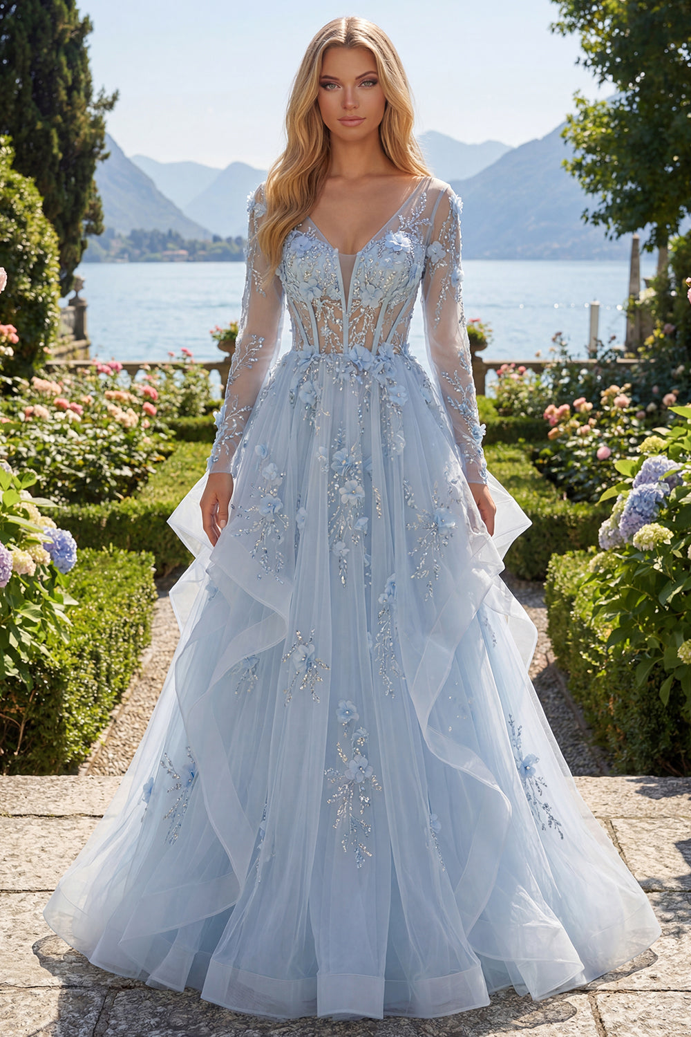 Corset A Line Long Sleeves Sparkly Blue Floral Beaded Long Prom Dress with Ruffles