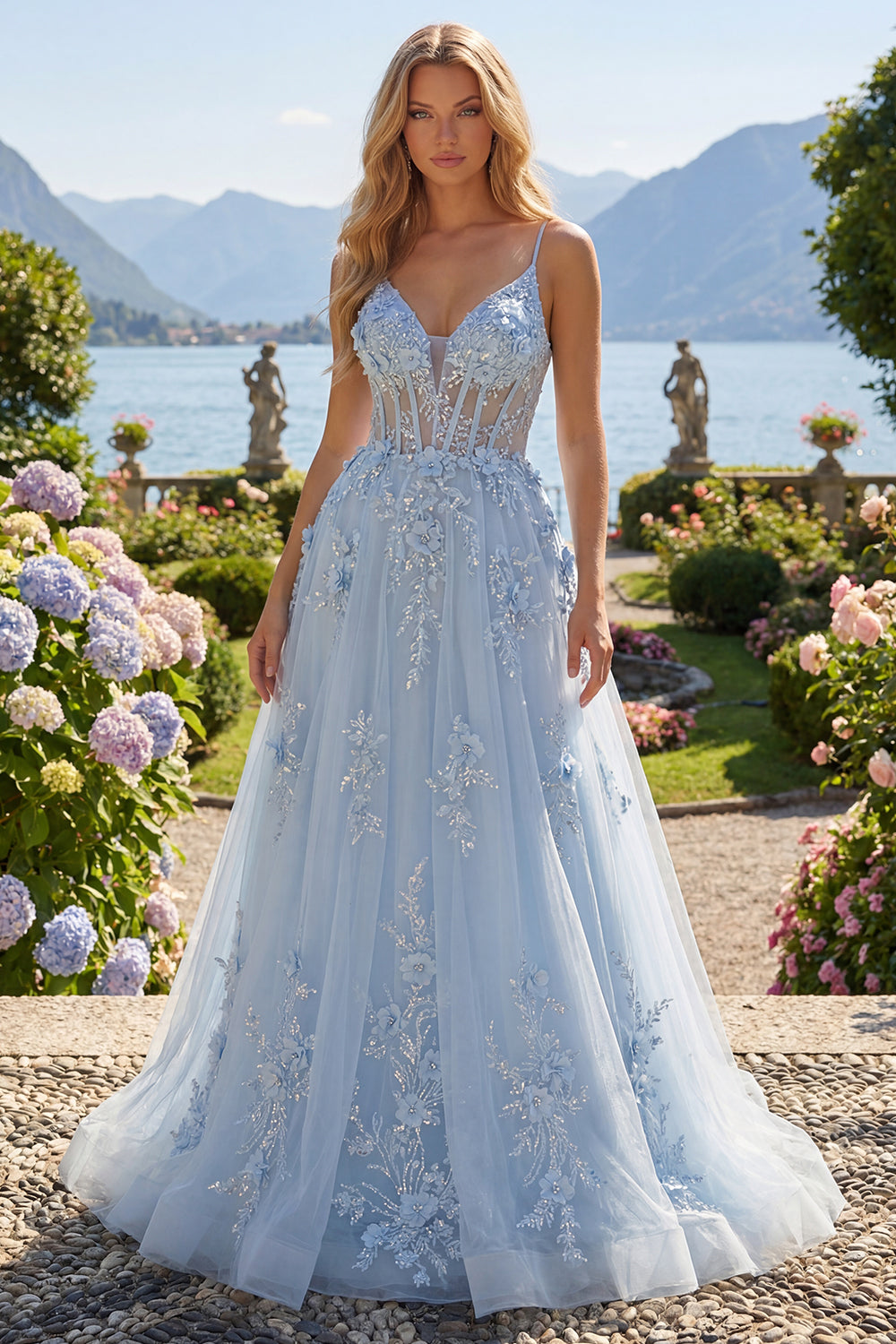 Floral Beaded Spaghetti Straps Sparkly Blue Corset A Line Long Prom Dress