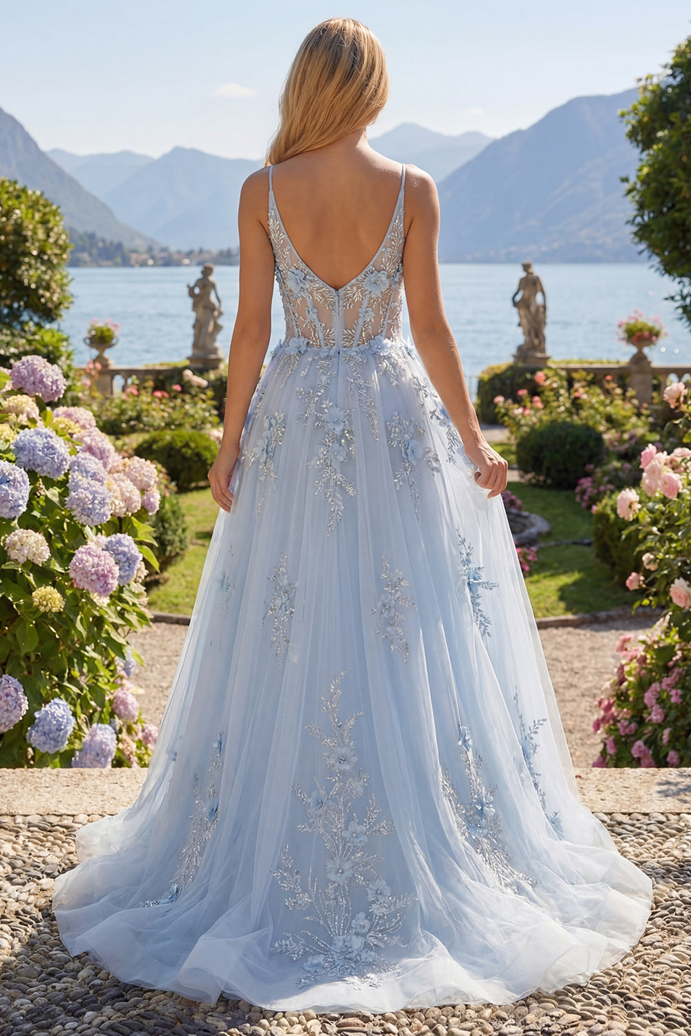 Floral Beaded Spaghetti Straps Sparkly Blue Corset A Line Long Prom Dress