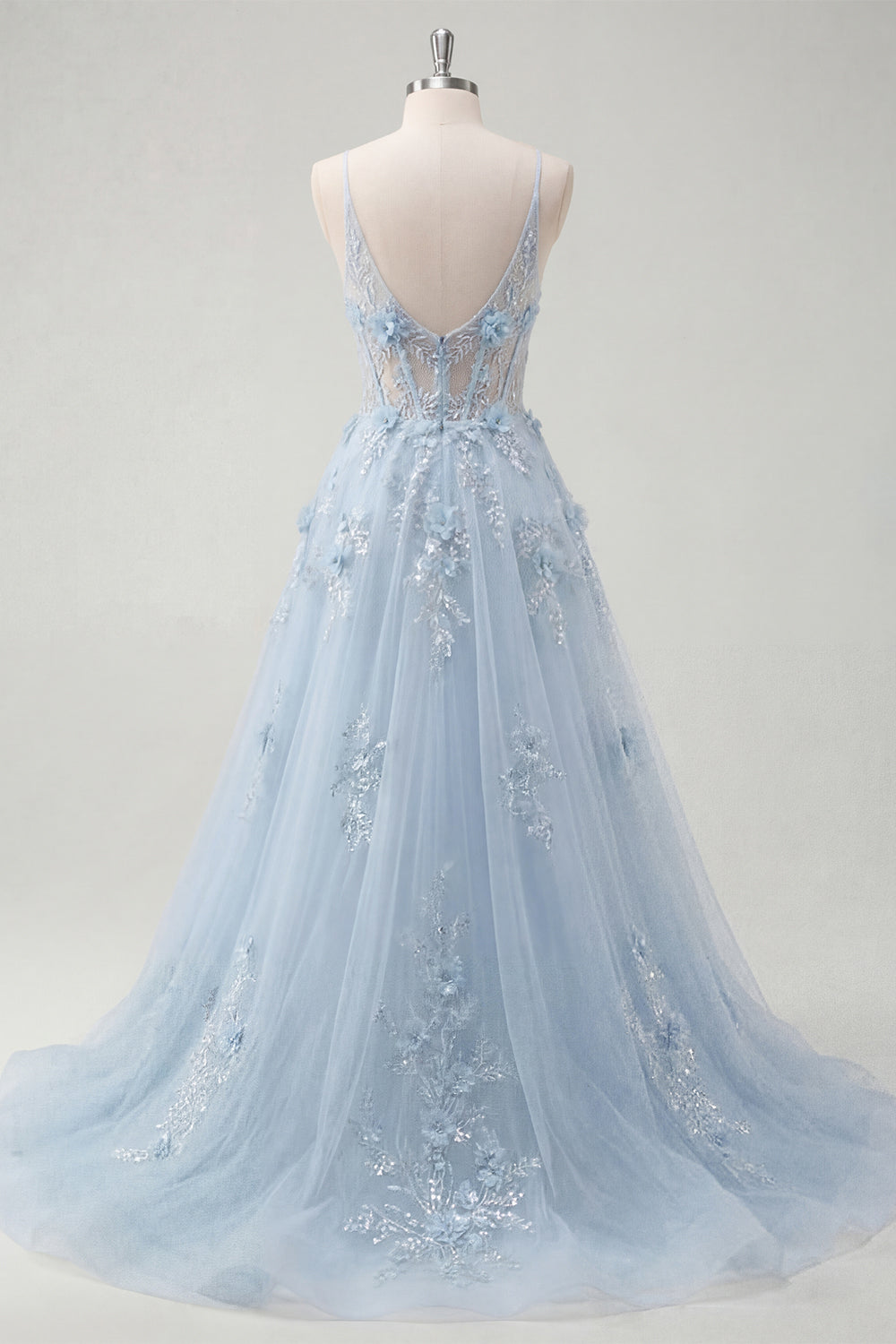 Floral Beaded Spaghetti Straps Sparkly Blue Corset A Line Long Prom Dress